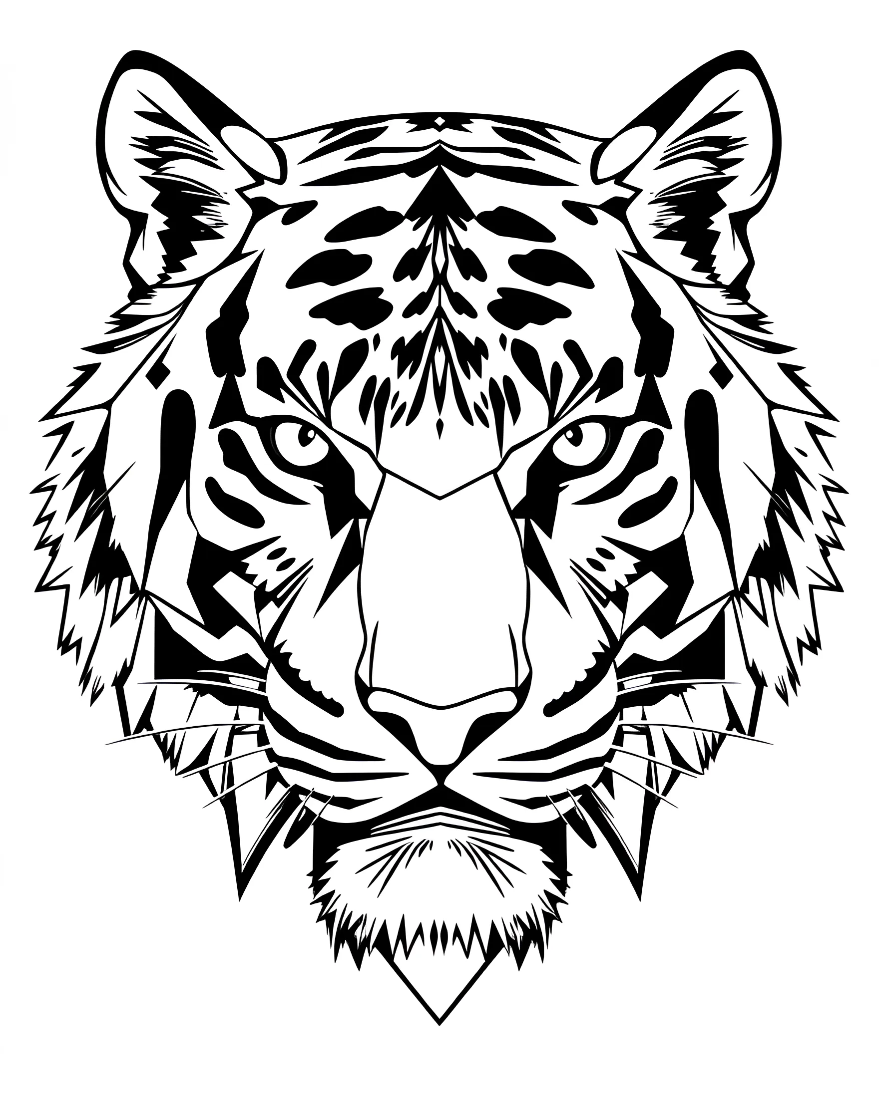 Geometric Tiger Face Coloring Page -- prompt: "A tiger's face made up of geometric shapes and lines." -- For a modern twist on tiger coloring pages, try this geometric design! The tiger's face is composed of various shapes and angles, creating a unique and stylized portrait. This page is ideal for those who enjoy contemporary art styles and patterns.