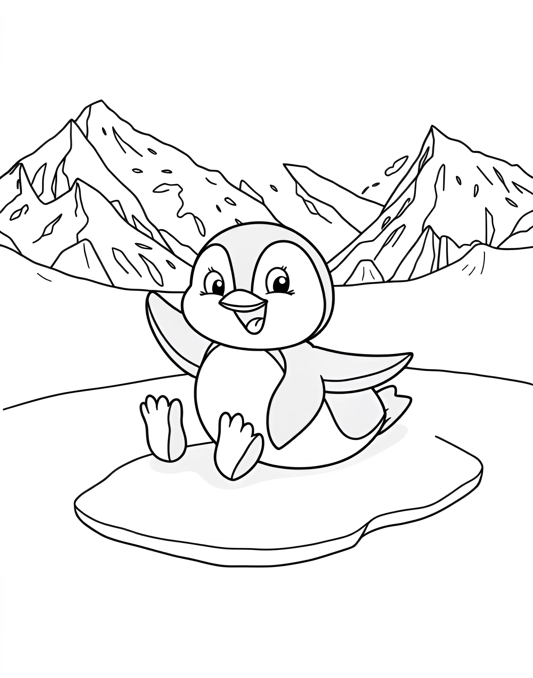 Friendly Penguin Sliding on Ice Coloring Page -- prompt: "A cartoon penguin sliding on its belly across an ice sheet, with snowy mountains and icebergs in the background." -- This amusing coloring page showcases a jolly penguin sliding on its belly across an icy surface. The penguin's flippers are outstretched, and its beak is curved into a happy smile. This page is perfect for bringing a touch of winter fun to any day of the year.