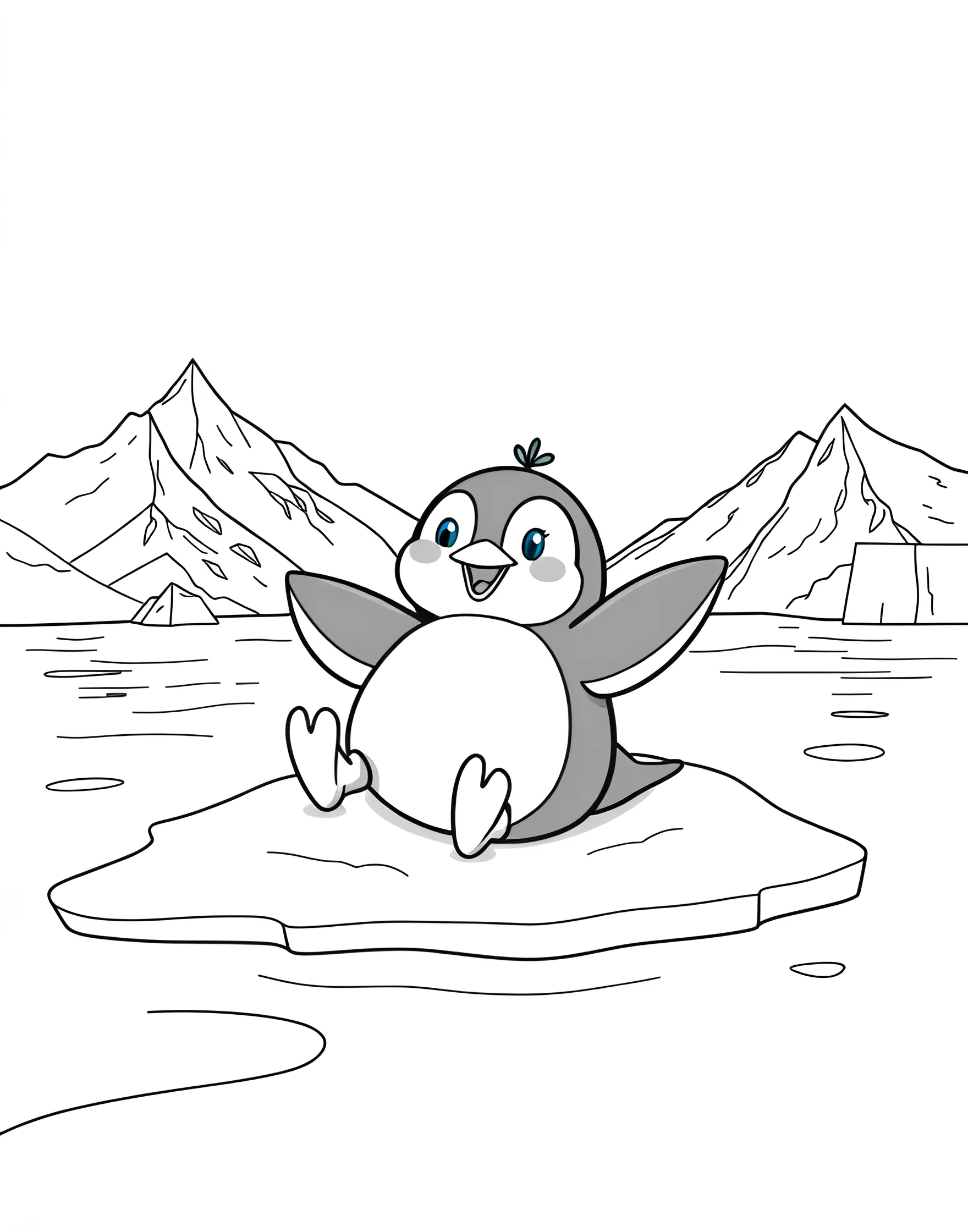 Friendly Penguin Sliding on Ice Coloring Page -- prompt: "A cartoon penguin sliding on its belly across an ice sheet, with snowy mountains and icebergs in the background." -- This amusing coloring page showcases a jolly penguin sliding on its belly across an icy surface. The penguin's flippers are outstretched, and its beak is curved into a happy smile. This page is perfect for bringing a touch of winter fun to any day of the year.