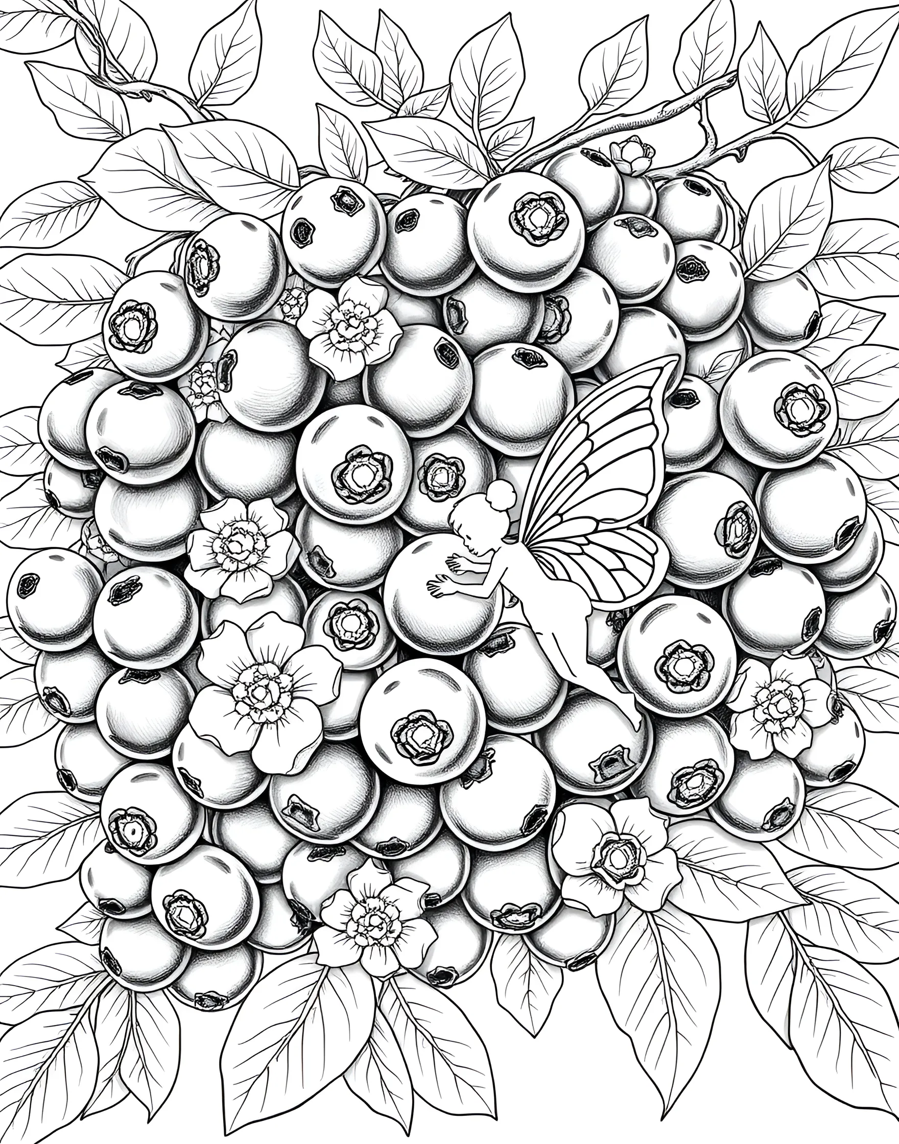 Blueberry Bliss Coloring Page -- prompt: "Clusters of blueberries with leaves and a small fairy character flying between them." -- Indulge in a berry good time with this blueberry-themed coloring page. Clusters of plump blueberries nestle among green leaves, their round shapes creating interesting patterns. A whimsical fairy character flits between the berries, adding a touch of magic to the scene.