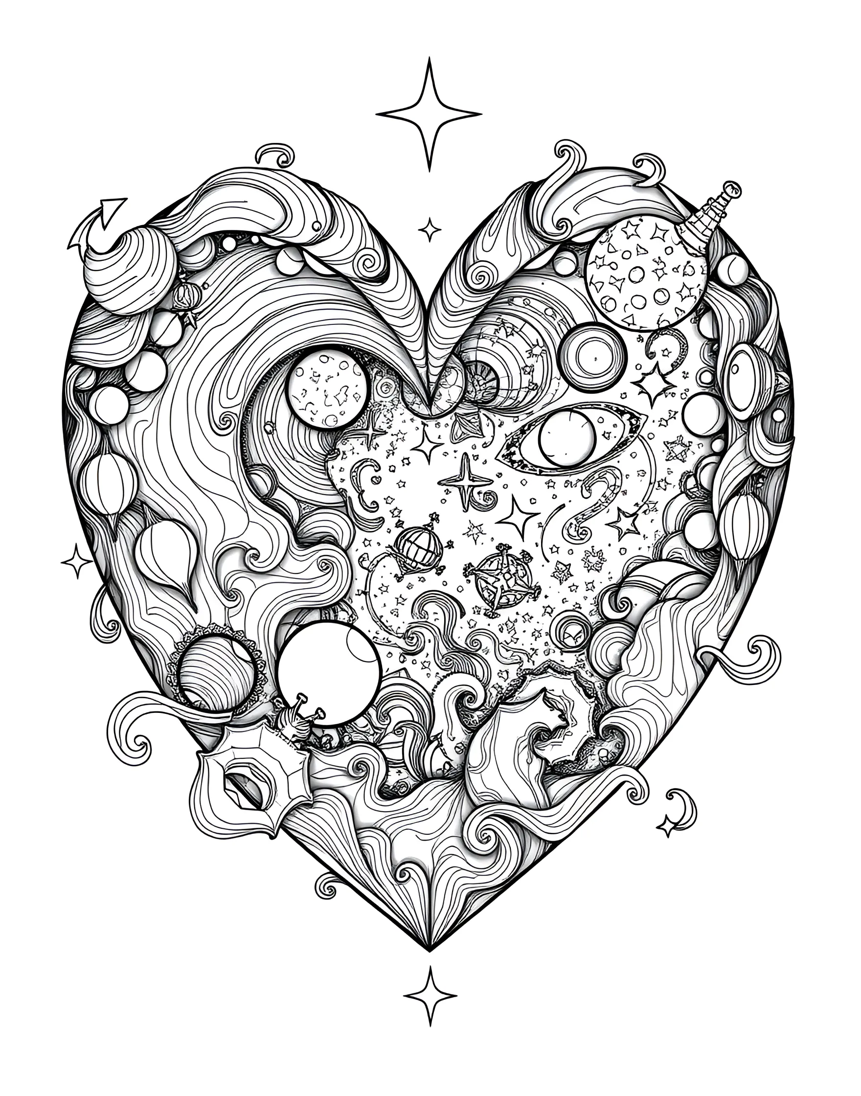 Cosmic Love Heart Coloring Page -- prompt: "A heart filled with a cosmic scene including stars, planets, and galaxies." -- This out-of-this-world coloring page depicts a heart filled with a cosmic scene of stars, planets, and galaxies. The intricate details of celestial bodies and swirling nebulae create a mesmerizing design. It's an ideal choice for space enthusiasts and dreamers who want to explore the concept of love on a universal scale.