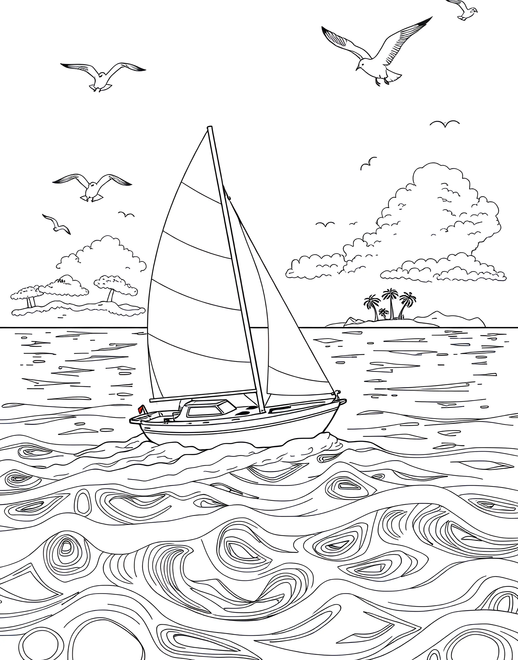 Sailboat Serenity Coloring Page -- prompt: "A sailboat on a calm sea with seagulls and islands in the distance." -- Set sail for relaxation with this peaceful sailing scene. A graceful sailboat glides across calm waters, with seagulls soaring overhead and distant islands on the horizon. This page captures the tranquility of summer days spent on the water.