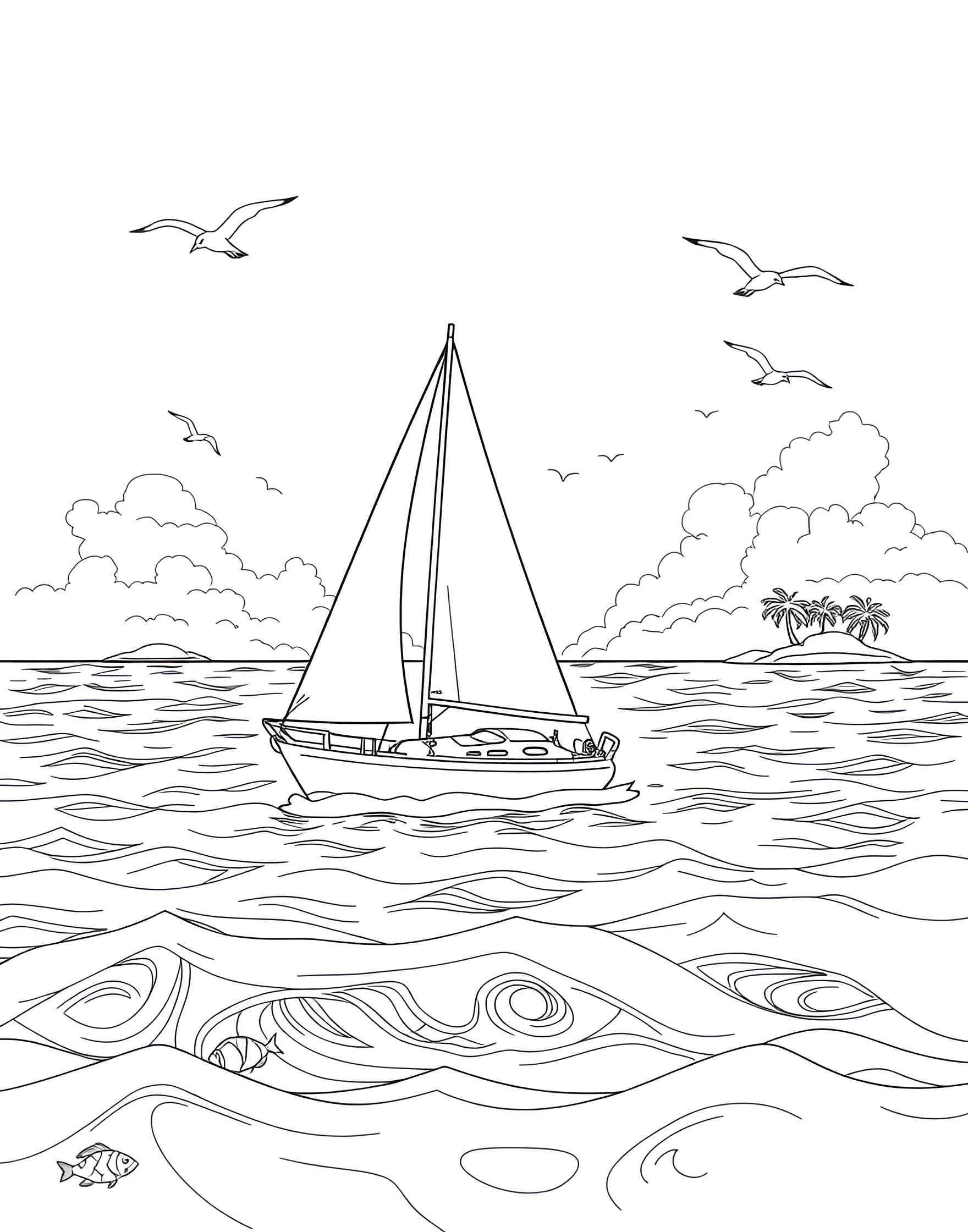 Sailboat Serenity Coloring Page -- prompt: "A sailboat on a calm sea with seagulls and islands in the distance." -- Set sail for relaxation with this peaceful sailing scene. A graceful sailboat glides across calm waters, with seagulls soaring overhead and distant islands on the horizon. This page captures the tranquility of summer days spent on the water.