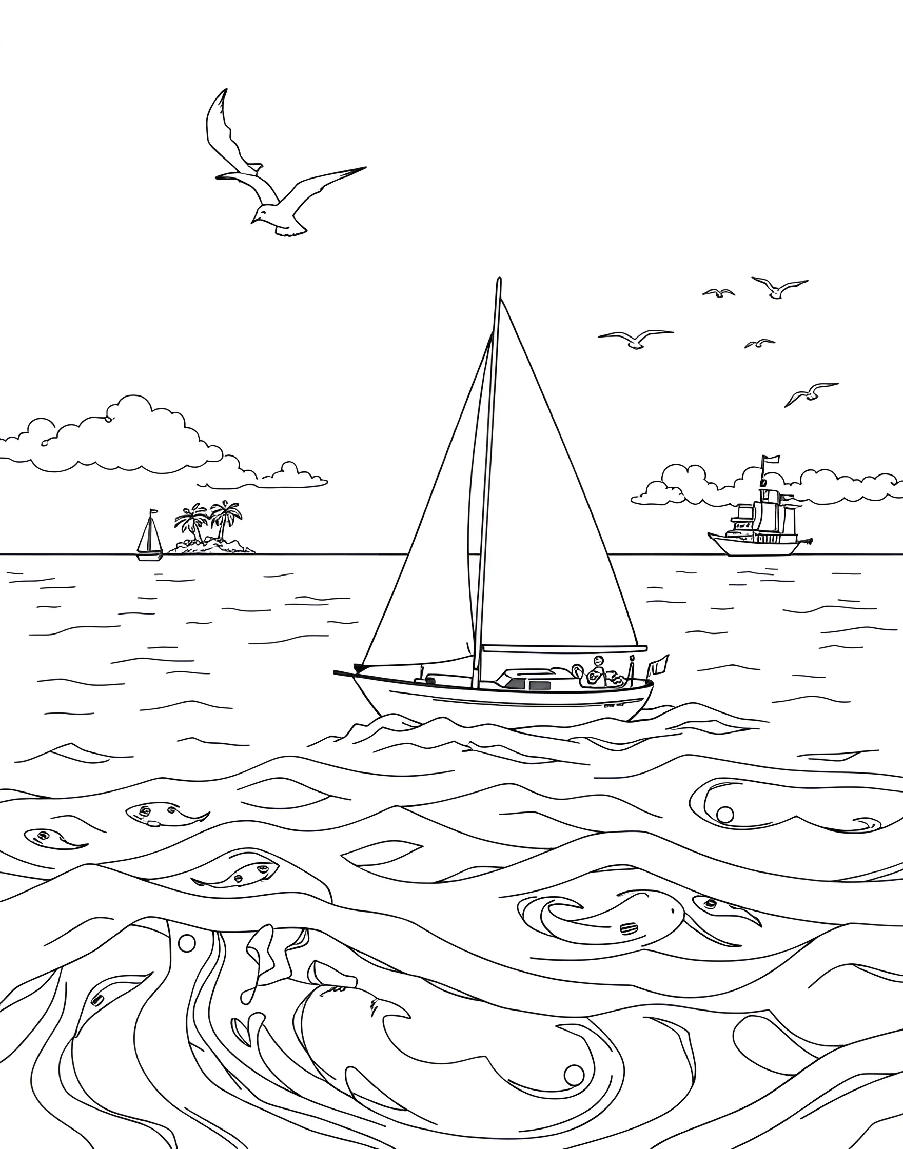 Sailboat Serenity Coloring Page -- prompt: "A sailboat on a calm sea with seagulls and islands in the distance." -- Set sail for relaxation with this peaceful sailing scene. A graceful sailboat glides across calm waters, with seagulls soaring overhead and distant islands on the horizon. This page captures the tranquility of summer days spent on the water.