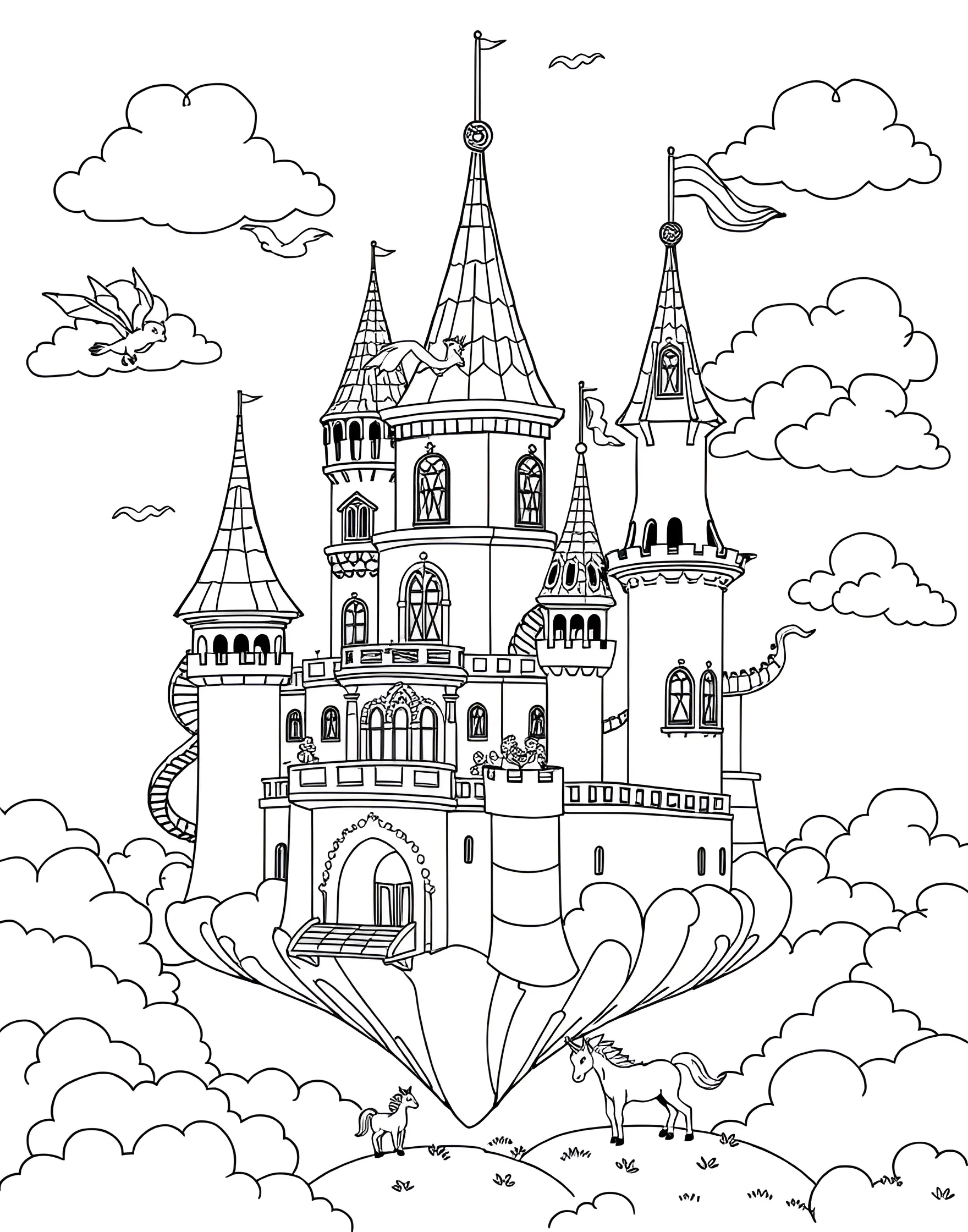 Fairy Tale Castle in the Clouds Coloring Page -- prompt: "A cute fairy tale castle floating in the clouds with whimsical details." -- Let your imagination soar with this enchanting coloring page featuring a magical castle floating among the clouds. The castle is adorned with whimsical turrets, flags, and windows, while cute cloud creatures and flying objects surround it. This page is perfect for those who love fantasy and dreamy, cute scenes.