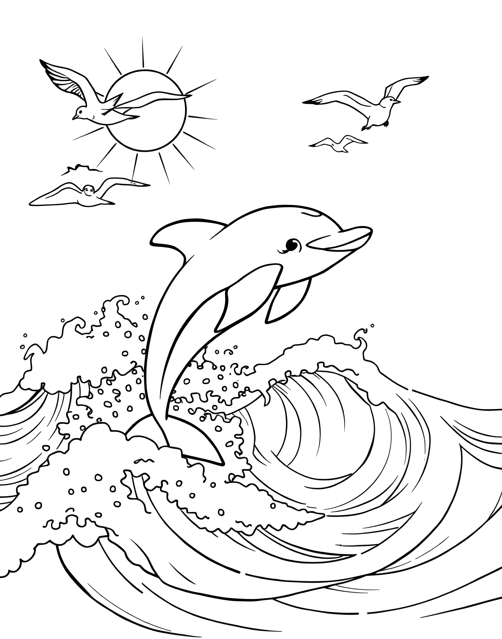 Cheerful Dolphin Leaping from Waves Coloring Page -- prompt: "A cartoon dolphin jumping out of ocean waves with a big splash, under a bright sun and seagulls in the sky." -- This dynamic coloring page depicts a joyful dolphin mid-leap, arcing gracefully out of ocean waves. The dolphin's sleek body and friendly smile capture its playful spirit perfectly. This page is excellent for those who love marine life and want to experiment with various shades of blue.