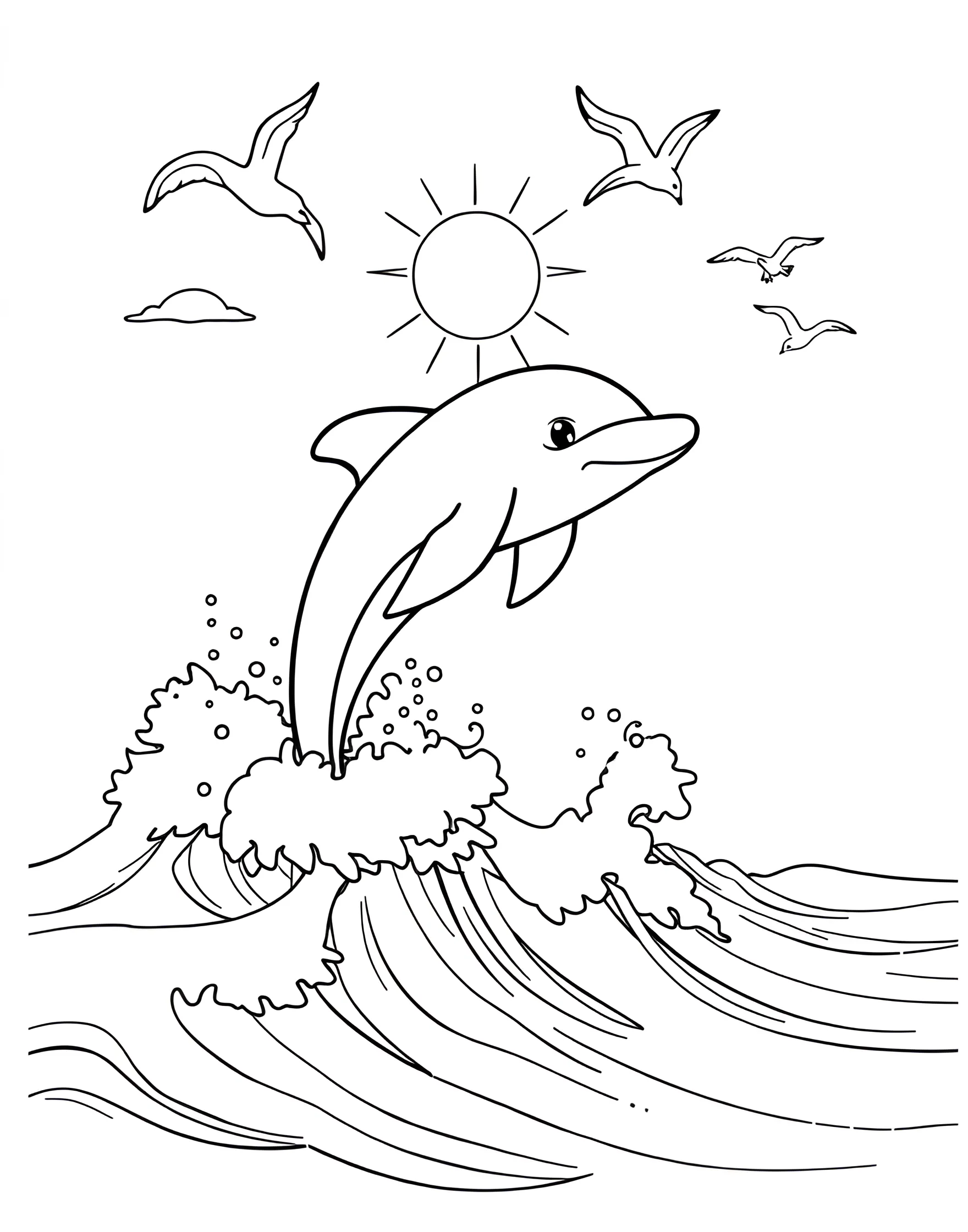 Cheerful Dolphin Leaping from Waves Coloring Page -- prompt: "A cartoon dolphin jumping out of ocean waves with a big splash, under a bright sun and seagulls in the sky." -- This dynamic coloring page depicts a joyful dolphin mid-leap, arcing gracefully out of ocean waves. The dolphin's sleek body and friendly smile capture its playful spirit perfectly. This page is excellent for those who love marine life and want to experiment with various shades of blue.