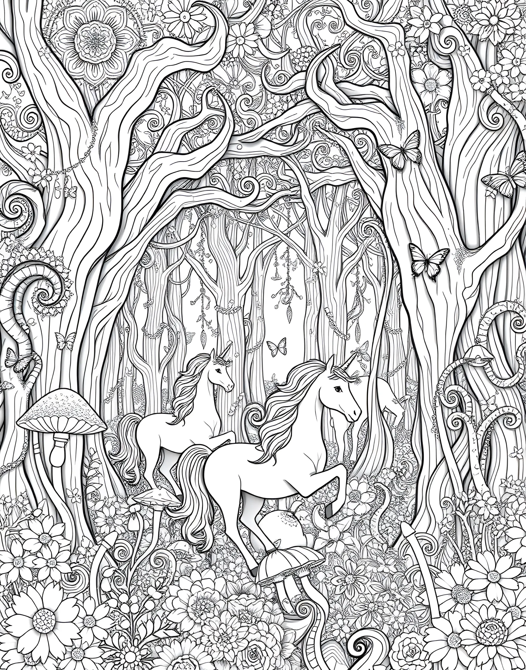 Magical Unicorn Forest Coloring Page -- prompt: "A whimsical forest scene featuring unicorns among fantastical trees and flowers, suitable for adult coloring." -- Enter a world of enchantment with this magical unicorn forest coloring page. Majestic unicorns roam among fantastical trees and flowers in a dreamy woodland scene. The whimsical elements and intricate details offer a delightful coloring experience for those who love fantasy and nature.