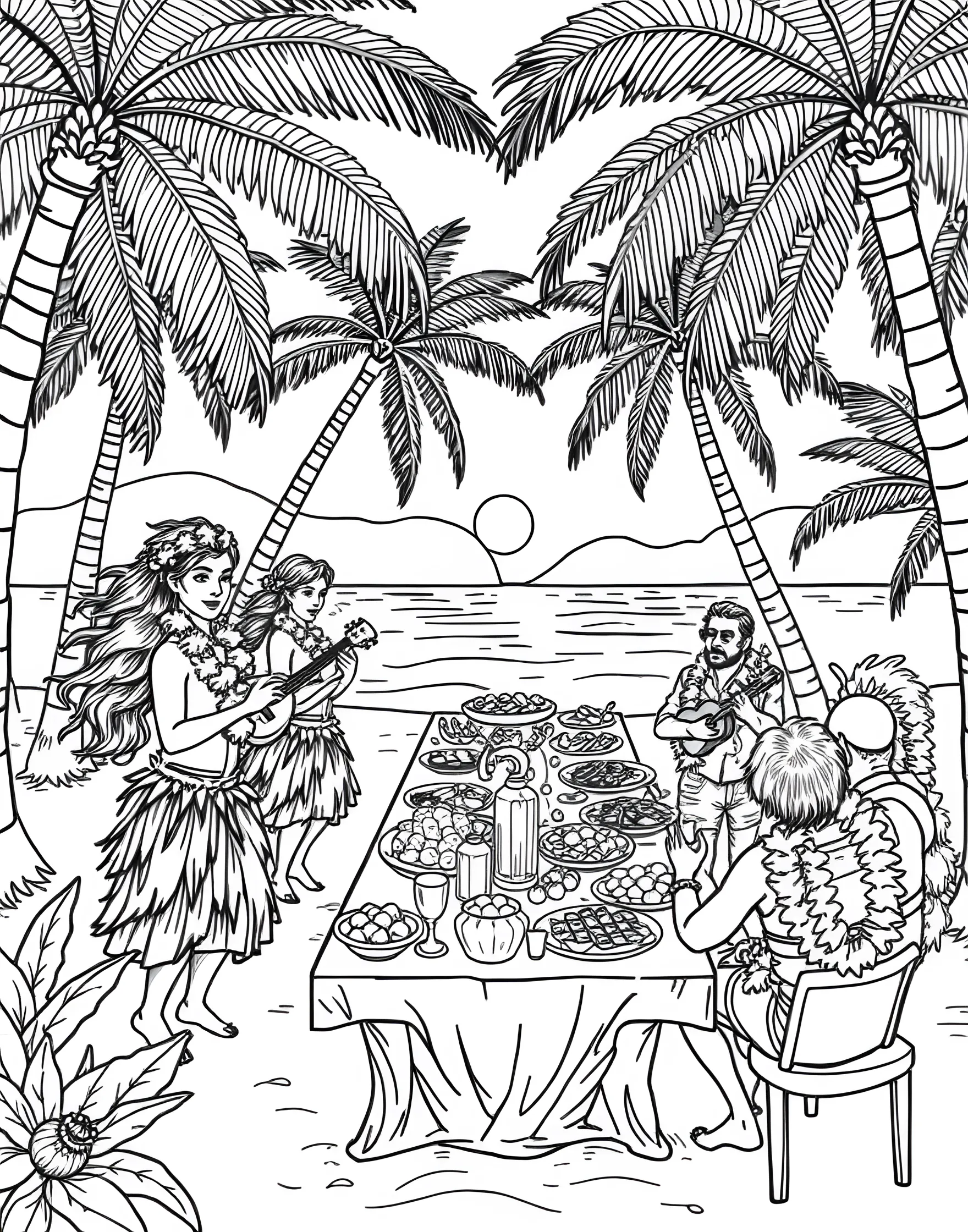 Tropical Luau Party Coloring Page -- prompt: "A Hawaiian luau party on the beach with hula dancers, tiki torches, and a tropical feast." -- Aloha, summer! This vibrant coloring page depicts a lively luau party on a tropical beach. Hula dancers, tiki torches, and a sumptuous feast create an atmosphere of island celebration. The page is brimming with details that bring the spirit of summer to life.