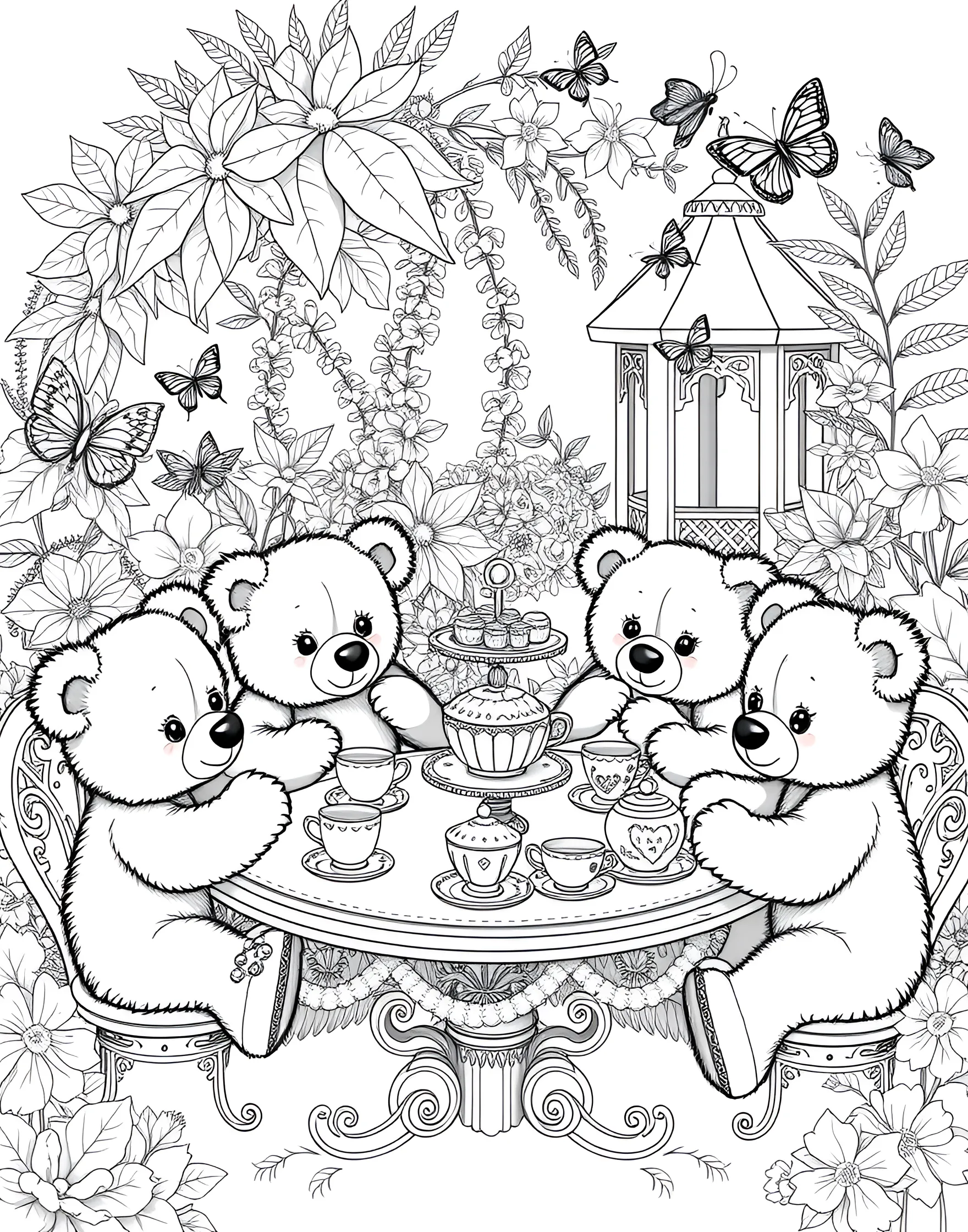 Cuddly Teddy Bear Tea Party Coloring Page -- prompt: "A group of cute teddy bears having a tea party in a garden with a table, teacups, and treats." -- This charming coloring page features a group of adorable teddy bears enjoying a delightful tea party. Set in a cozy garden, the bears are seated around a table laden with tiny teacups and tasty treats. The scene is filled with cute details like flowers, butterflies, and a smiling sun, making it a joy to color for both children and adults.