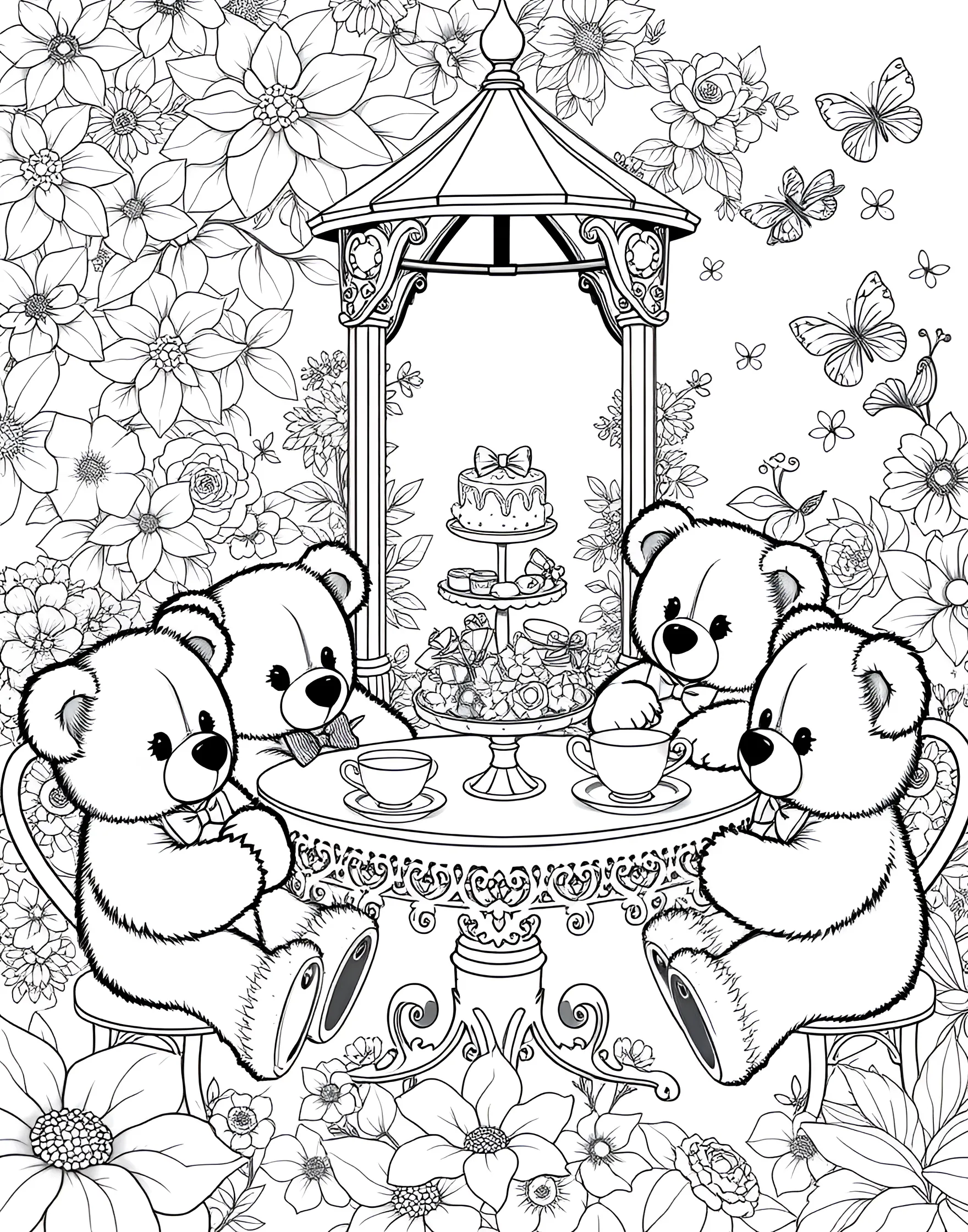 Cuddly Teddy Bear Tea Party Coloring Page -- prompt: "A group of cute teddy bears having a tea party in a garden with a table, teacups, and treats." -- This charming coloring page features a group of adorable teddy bears enjoying a delightful tea party. Set in a cozy garden, the bears are seated around a table laden with tiny teacups and tasty treats. The scene is filled with cute details like flowers, butterflies, and a smiling sun, making it a joy to color for both children and adults.