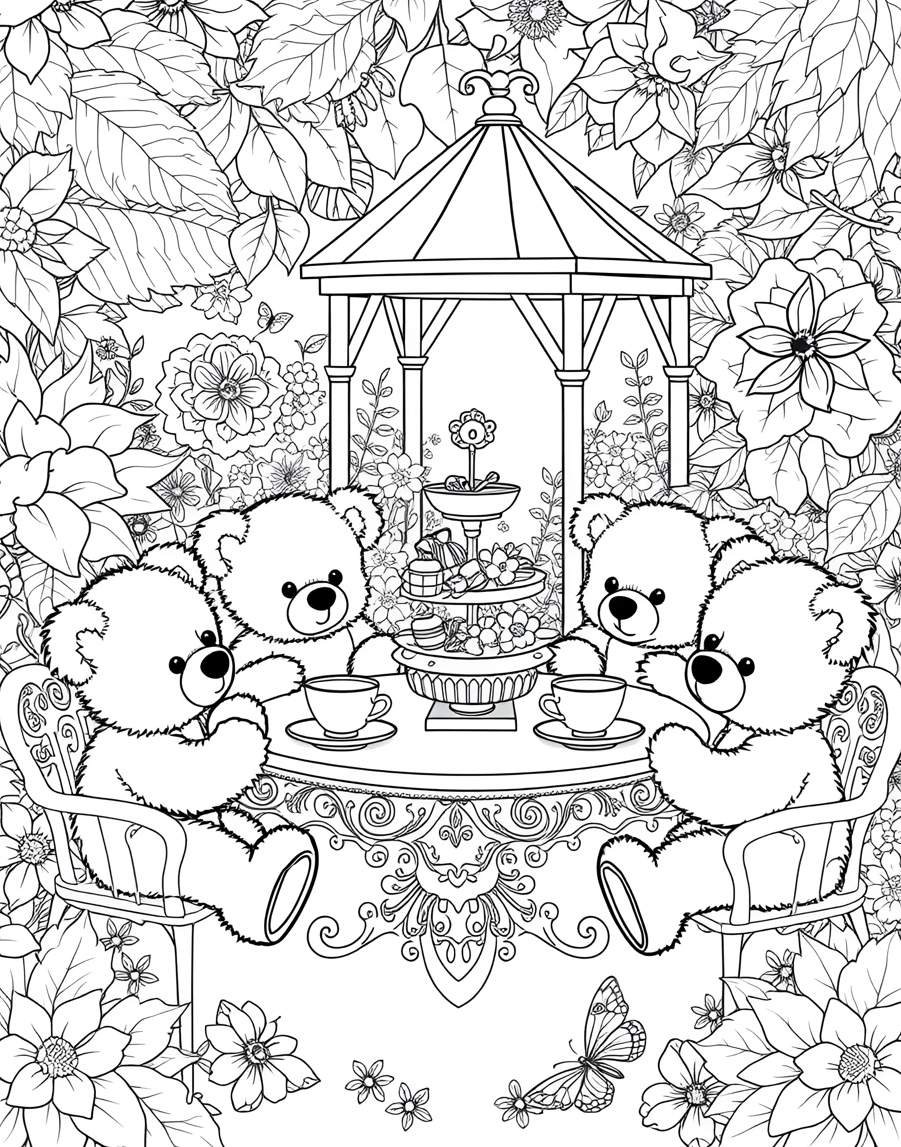 Cuddly Teddy Bear Tea Party Coloring Page -- prompt: "A group of cute teddy bears having a tea party in a garden with a table, teacups, and treats." -- This charming coloring page features a group of adorable teddy bears enjoying a delightful tea party. Set in a cozy garden, the bears are seated around a table laden with tiny teacups and tasty treats. The scene is filled with cute details like flowers, butterflies, and a smiling sun, making it a joy to color for both children and adults.