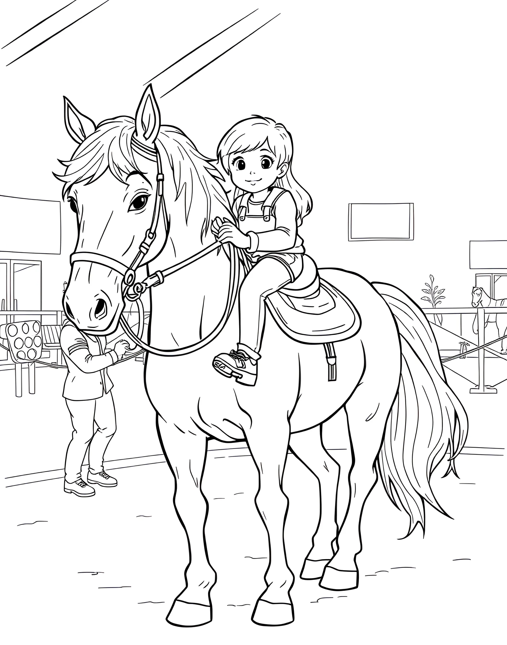 Therapeutic Riding Session Coloring Page -- prompt: "A child with special needs riding a horse in a therapeutic riding session, assisted by therapists in a riding arena." -- Celebrate the healing power of horses with this heartwarming therapeutic riding coloring page. A child with special needs is shown riding a gentle horse, assisted by therapists. The supportive environment of the riding arena and the clear bond between horse and rider make this a touching scene to color.