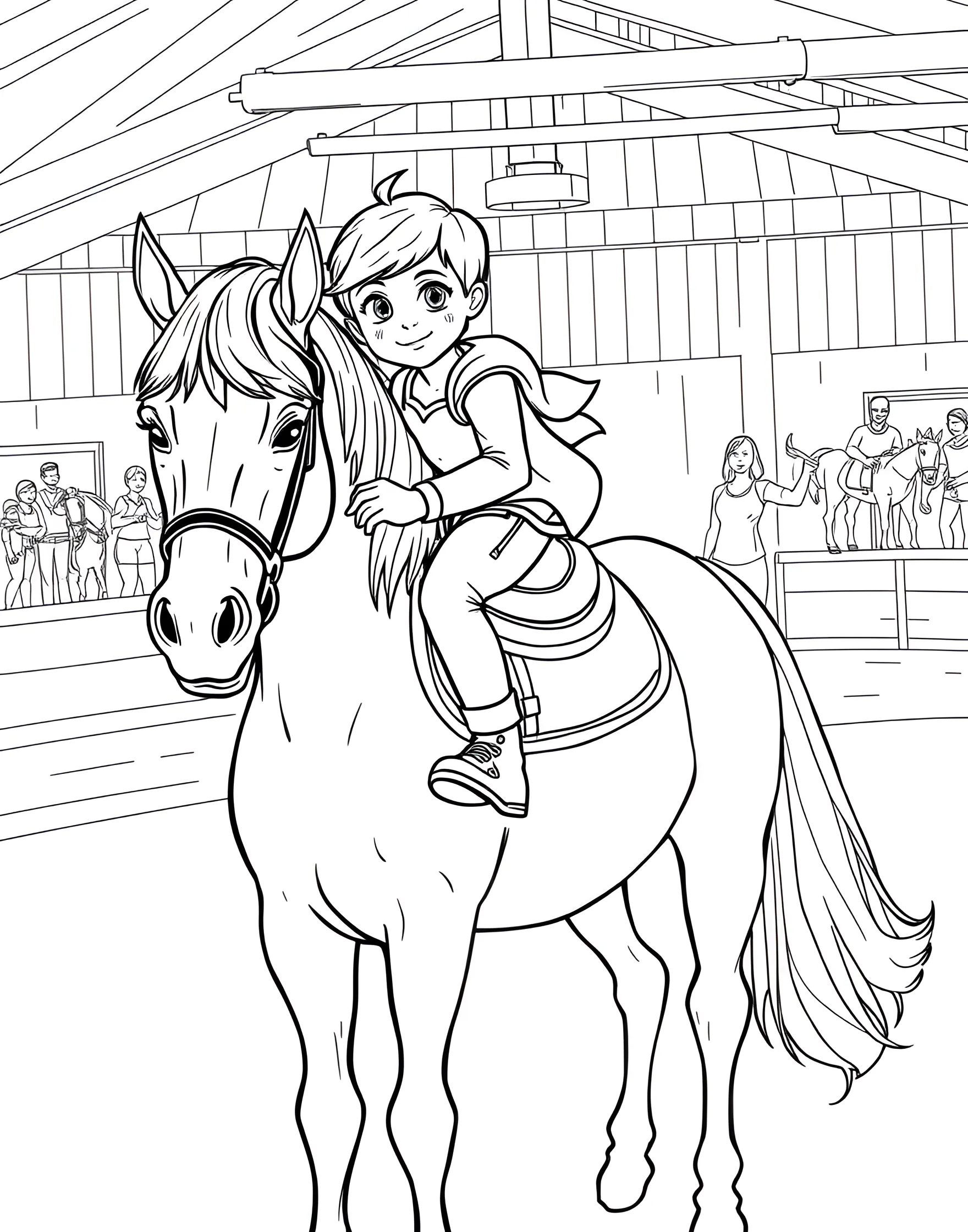 Therapeutic Riding Session Coloring Page -- prompt: "A child with special needs riding a horse in a therapeutic riding session, assisted by therapists in a riding arena." -- Celebrate the healing power of horses with this heartwarming therapeutic riding coloring page. A child with special needs is shown riding a gentle horse, assisted by therapists. The supportive environment of the riding arena and the clear bond between horse and rider make this a touching scene to color.