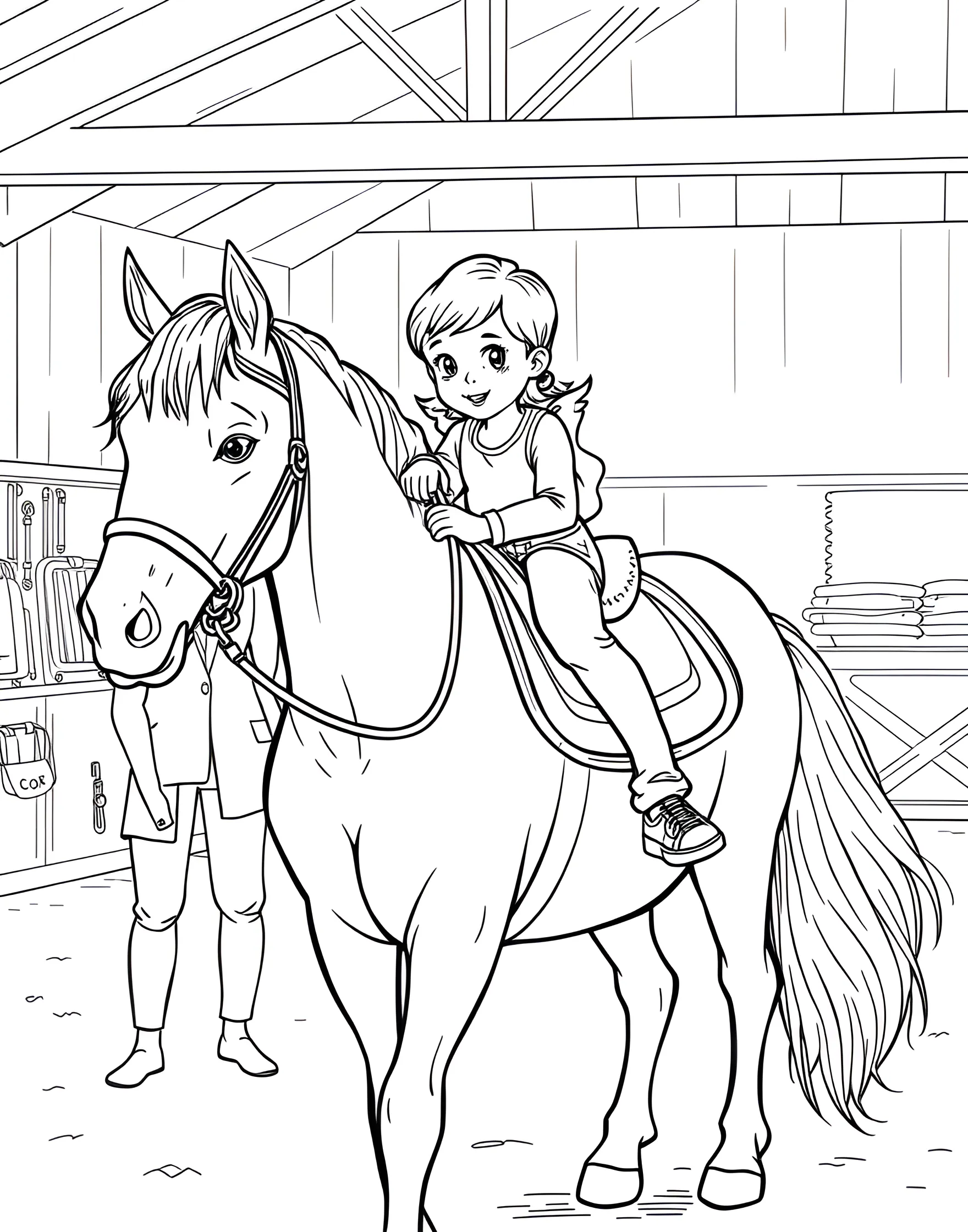 Therapeutic Riding Session Coloring Page -- prompt: "A child with special needs riding a horse in a therapeutic riding session, assisted by therapists in a riding arena." -- Celebrate the healing power of horses with this heartwarming therapeutic riding coloring page. A child with special needs is shown riding a gentle horse, assisted by therapists. The supportive environment of the riding arena and the clear bond between horse and rider make this a touching scene to color.