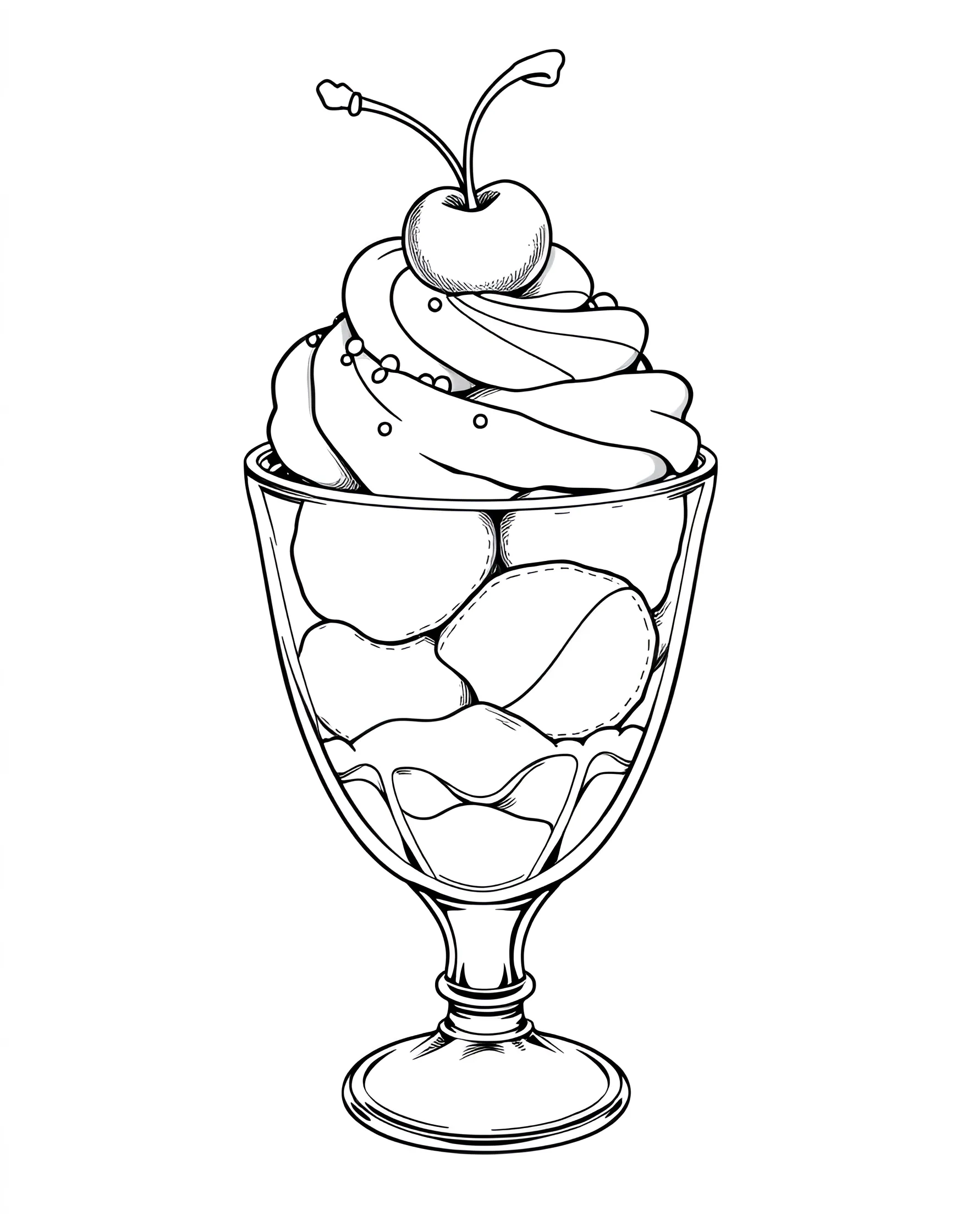 Ice Cream Sundae Delight Coloring Page -- prompt: "A tall glass filled with scoops of ice cream, topped with whipped cream, sprinkles, and a cherry." -- This sweet treat coloring page features a tall ice cream sundae glass filled with scoops of ice cream and toppings. The intricate details of the sprinkles, whipped cream, and cherry on top offer a fun challenge for coloring enthusiasts. It's a perfect page for hot summer days or anytime you're craving something sweet!