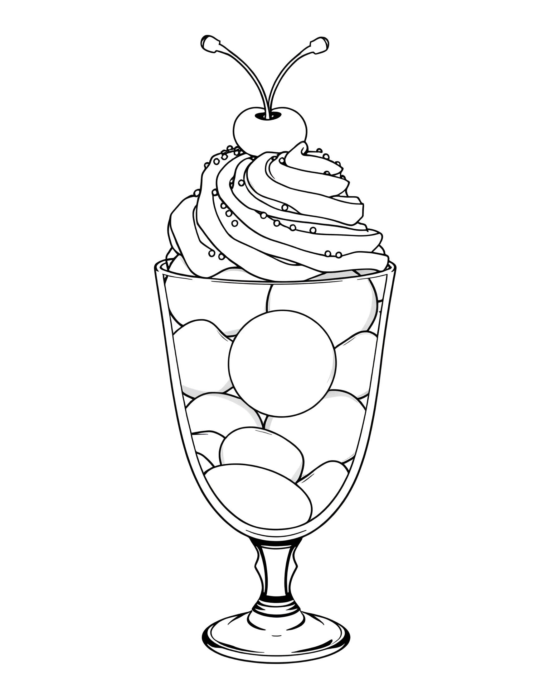 Ice Cream Sundae Delight Coloring Page -- prompt: "A tall glass filled with scoops of ice cream, topped with whipped cream, sprinkles, and a cherry." -- This sweet treat coloring page features a tall ice cream sundae glass filled with scoops of ice cream and toppings. The intricate details of the sprinkles, whipped cream, and cherry on top offer a fun challenge for coloring enthusiasts. It's a perfect page for hot summer days or anytime you're craving something sweet!