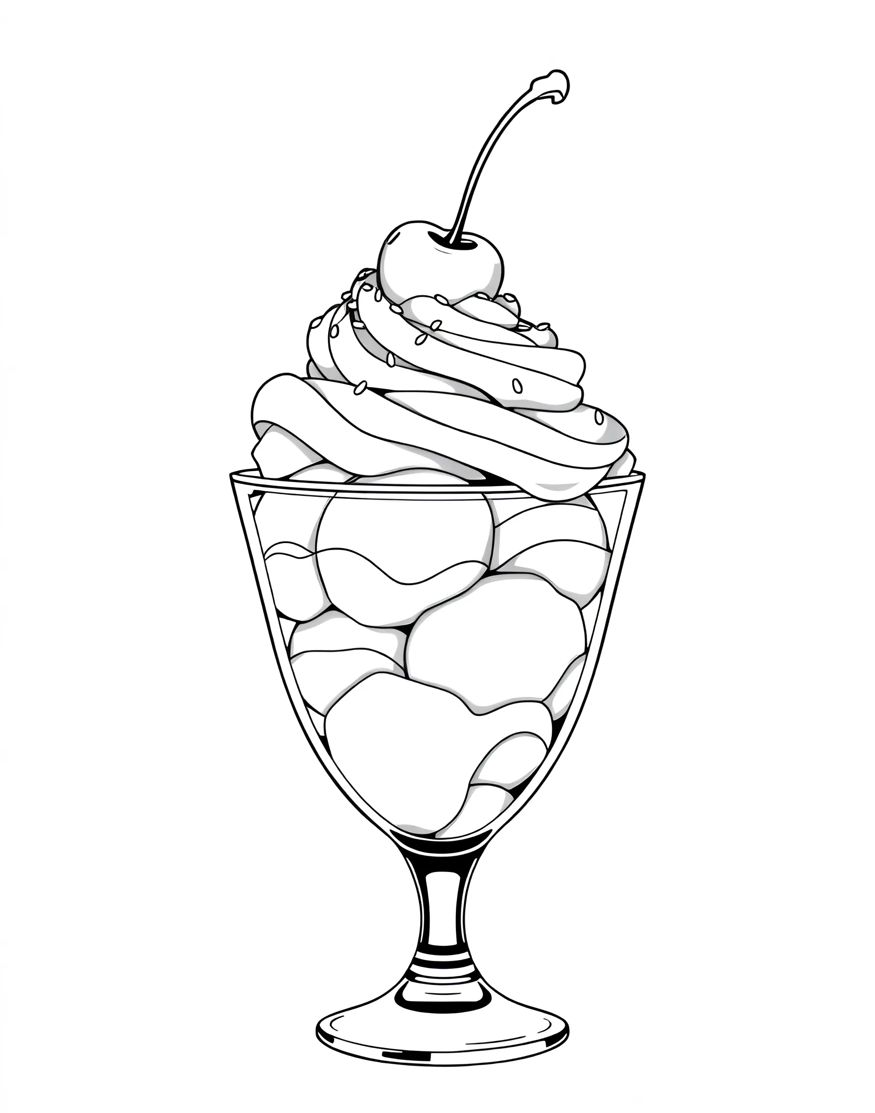 Ice Cream Sundae Delight Coloring Page -- prompt: "A tall glass filled with scoops of ice cream, topped with whipped cream, sprinkles, and a cherry." -- This sweet treat coloring page features a tall ice cream sundae glass filled with scoops of ice cream and toppings. The intricate details of the sprinkles, whipped cream, and cherry on top offer a fun challenge for coloring enthusiasts. It's a perfect page for hot summer days or anytime you're craving something sweet!