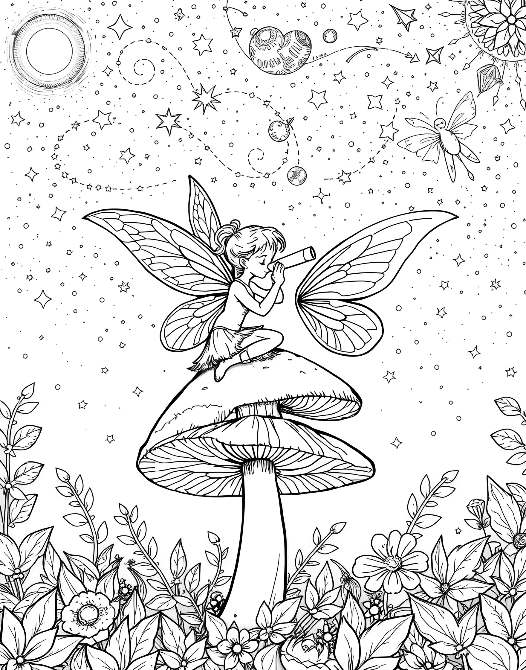 Fairy Astronomer Studying the Night Sky Coloring Page -- prompt: "A fairy using a telescope made from a leaf, sitting on a mushroom and studying a star-filled night sky with magical constellations." -- This fascinating coloring page features a scholarly fairy peering through a telescope made from a rolled leaf. She sits atop a mushroom cap, surrounded by star charts and magical constellation patterns. The night sky above is filled with twinkling stars and swirling galaxies, perfect for adding vibrant cosmic colors.