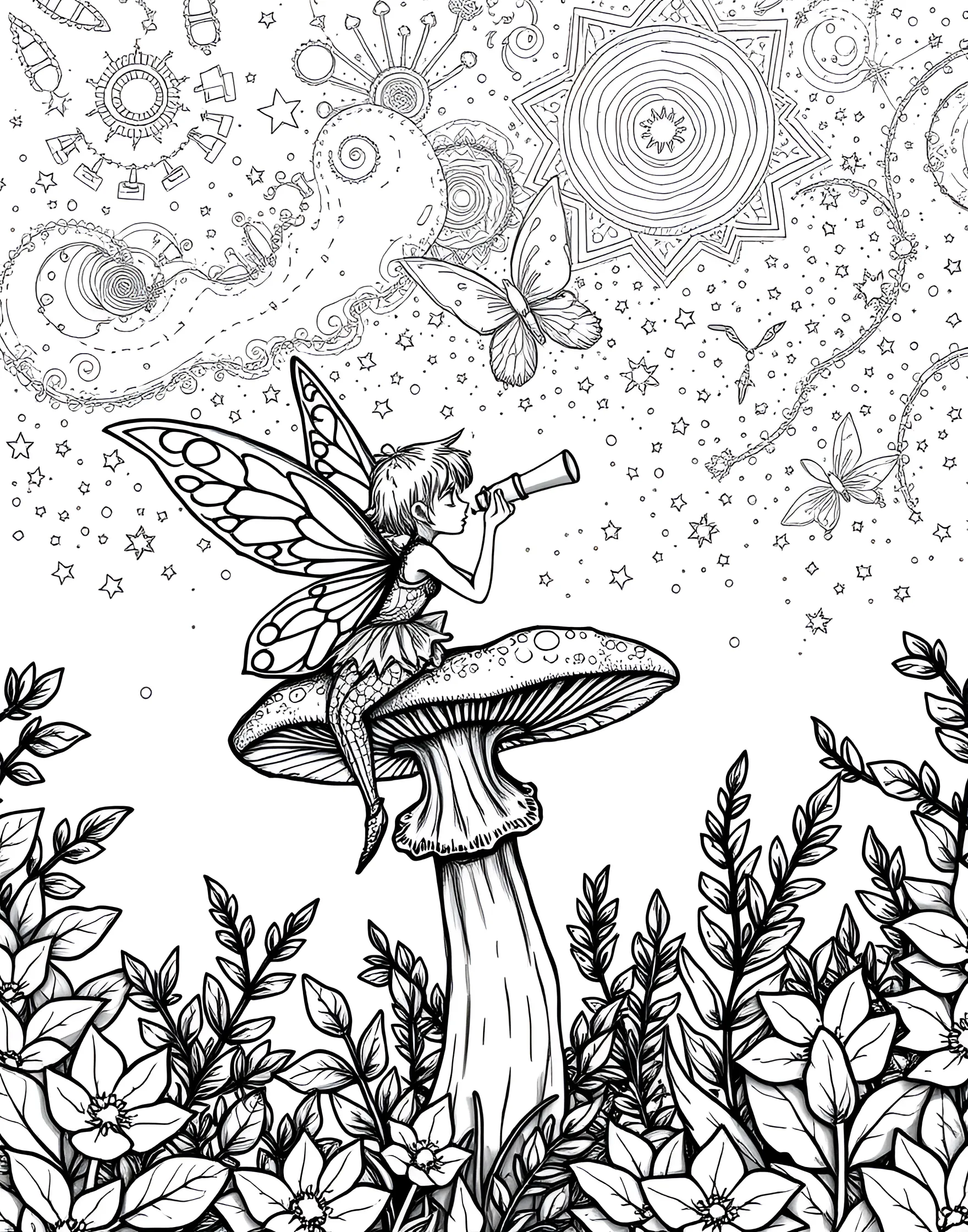 Fairy Astronomer Studying the Night Sky Coloring Page -- prompt: "A fairy using a telescope made from a leaf, sitting on a mushroom and studying a star-filled night sky with magical constellations." -- This fascinating coloring page features a scholarly fairy peering through a telescope made from a rolled leaf. She sits atop a mushroom cap, surrounded by star charts and magical constellation patterns. The night sky above is filled with twinkling stars and swirling galaxies, perfect for adding vibrant cosmic colors.