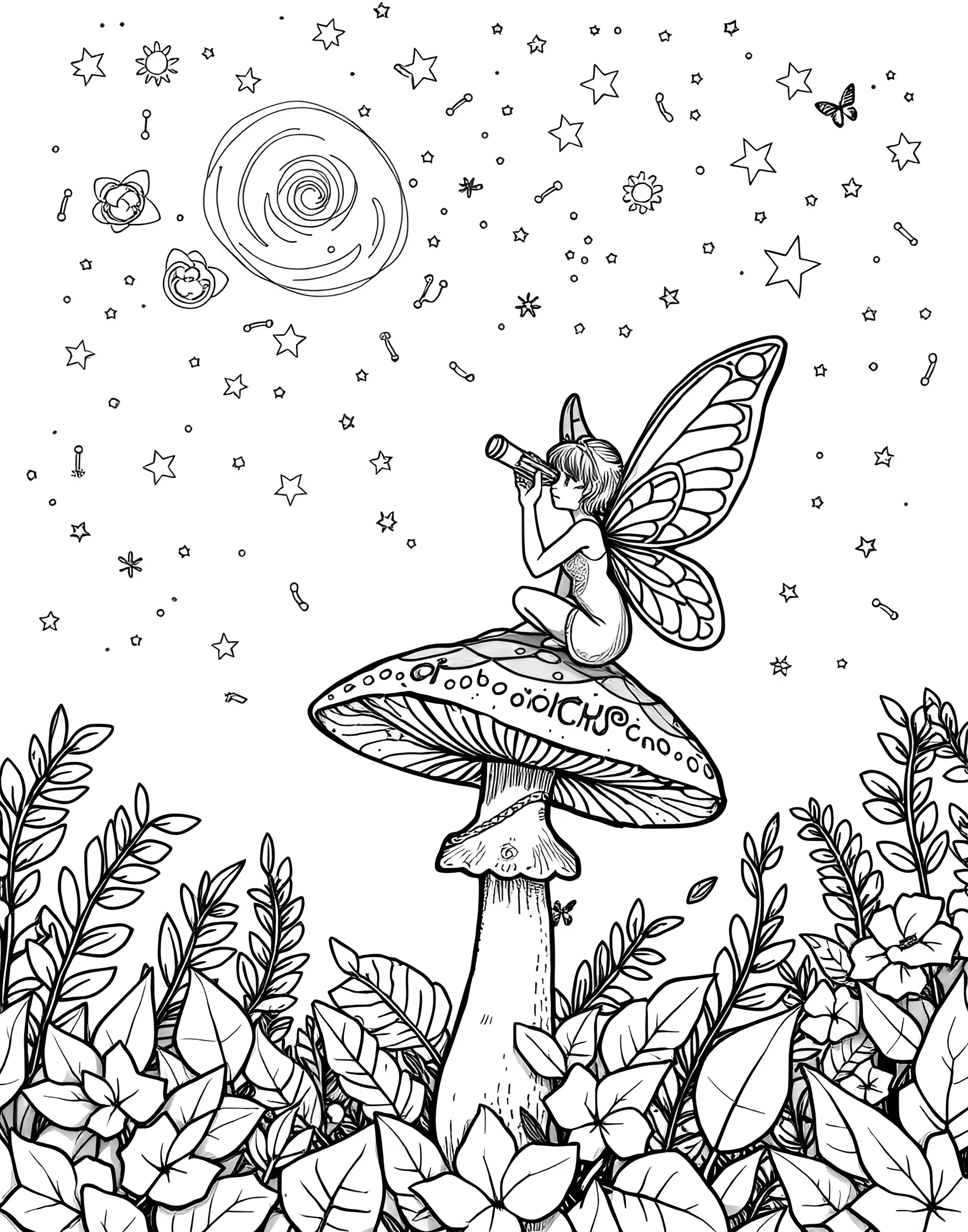 Fairy Astronomer Studying the Night Sky Coloring Page -- prompt: "A fairy using a telescope made from a leaf, sitting on a mushroom and studying a star-filled night sky with magical constellations." -- This fascinating coloring page features a scholarly fairy peering through a telescope made from a rolled leaf. She sits atop a mushroom cap, surrounded by star charts and magical constellation patterns. The night sky above is filled with twinkling stars and swirling galaxies, perfect for adding vibrant cosmic colors.