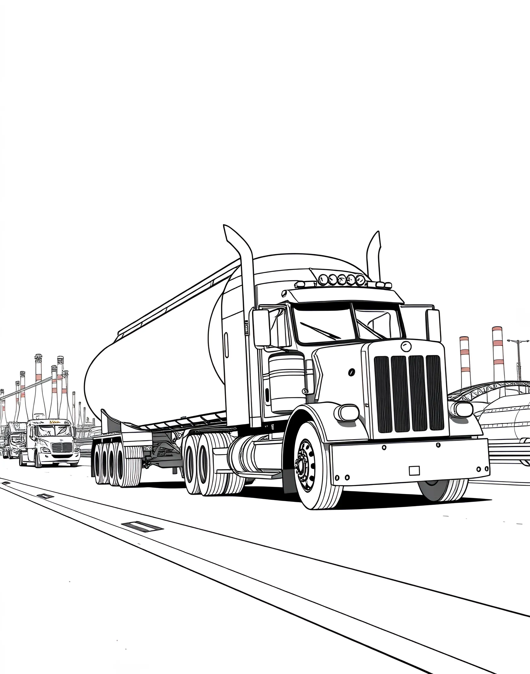 Tanker Truck Transport Coloring Page -- prompt: "A large tanker truck driving on a highway with industrial buildings in the background." -- Explore the world of liquid transport with this Tanker Truck Transport coloring page! The sleek tanker truck is designed to carry everything from milk to gasoline safely across long distances. Kids can add their own flair to the truck's design and learn about the importance of these specialized vehicles in our daily lives.