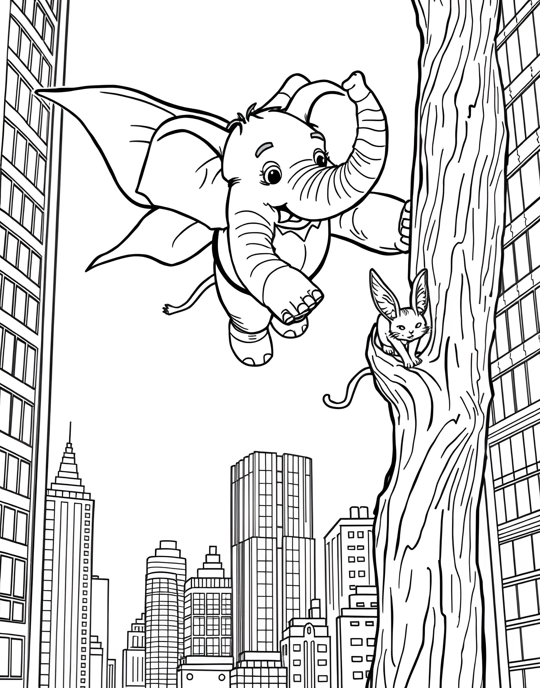 Elephant's Superhero Rescue Coloring Page -- prompt: "An elephant dressed as a superhero, flying through a city and rescuing a cat from a tree with its trunk." -- Up, up, and away with this heroic elephant coloring page! Our elephant superhero, complete with cape and mask, flies through a city skyline. Its powerful trunk reaches out to save a cat stuck in a tree, showcasing both strength and kindness.