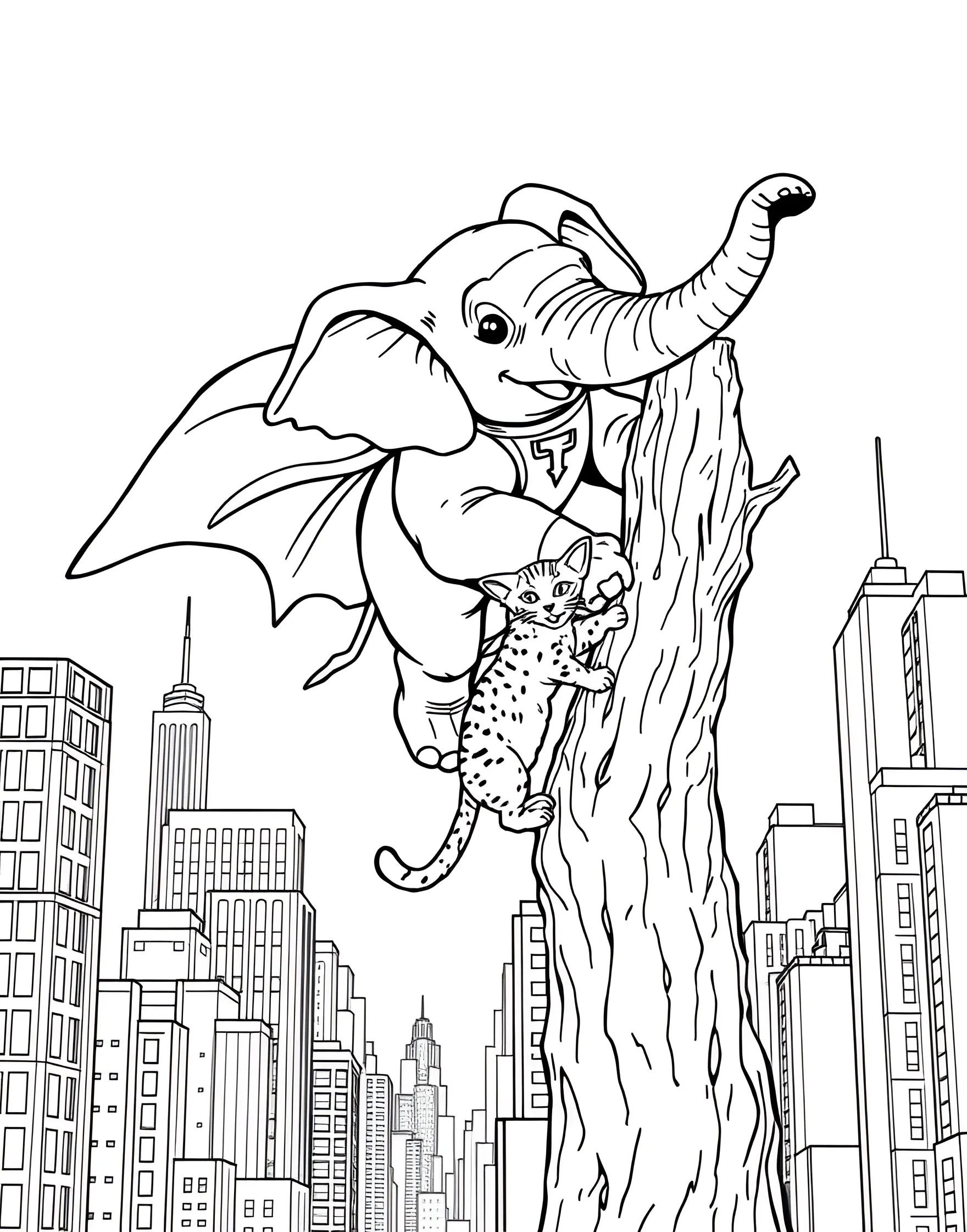 Elephant's Superhero Rescue Coloring Page -- prompt: "An elephant dressed as a superhero, flying through a city and rescuing a cat from a tree with its trunk." -- Up, up, and away with this heroic elephant coloring page! Our elephant superhero, complete with cape and mask, flies through a city skyline. Its powerful trunk reaches out to save a cat stuck in a tree, showcasing both strength and kindness.