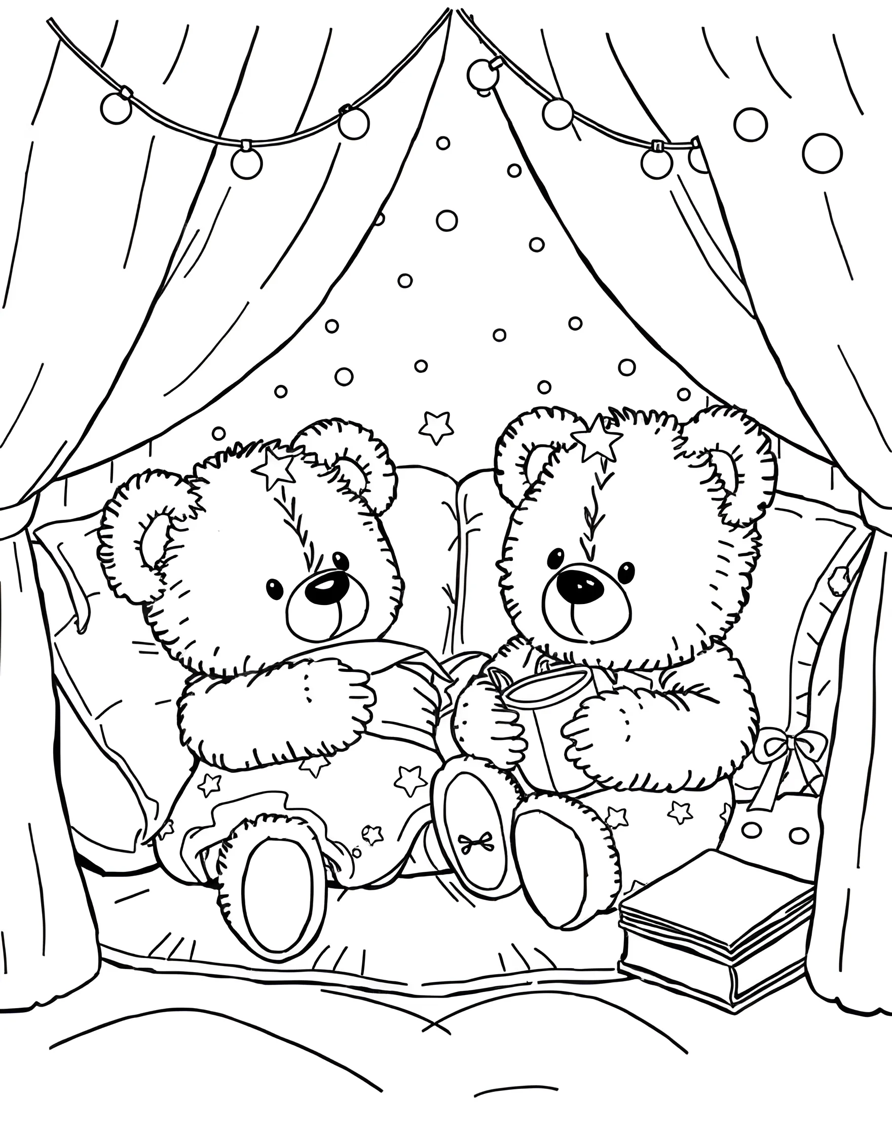 Sleepover Fun with Teddy Bears Coloring Page -- prompt: "Teddy bears having a sleepover party with pillows, blankets, and string lights in a cozy room." -- This cozy coloring page captures the joy of a teddy bear sleepover party. A group of adorable teddy bears in pajamas gather for a night of fun, complete with pillows, blankets, and stuffed animal friends. String lights and a starry night sky visible through the window add a touch of magic to this heartwarming scene that celebrates friendship and playtime.