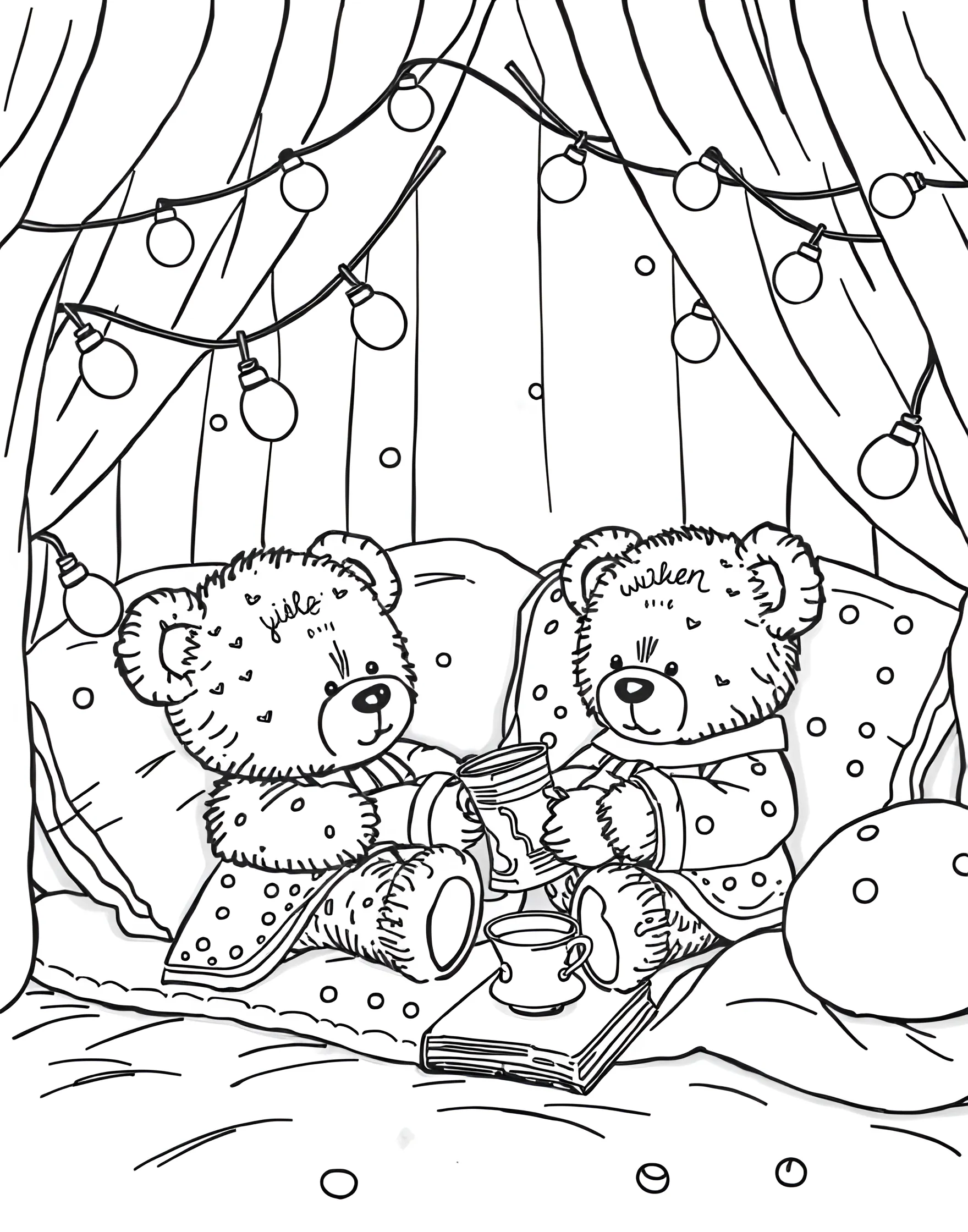 Sleepover Fun with Teddy Bears Coloring Page -- prompt: "Teddy bears having a sleepover party with pillows, blankets, and string lights in a cozy room." -- This cozy coloring page captures the joy of a teddy bear sleepover party. A group of adorable teddy bears in pajamas gather for a night of fun, complete with pillows, blankets, and stuffed animal friends. String lights and a starry night sky visible through the window add a touch of magic to this heartwarming scene that celebrates friendship and playtime.