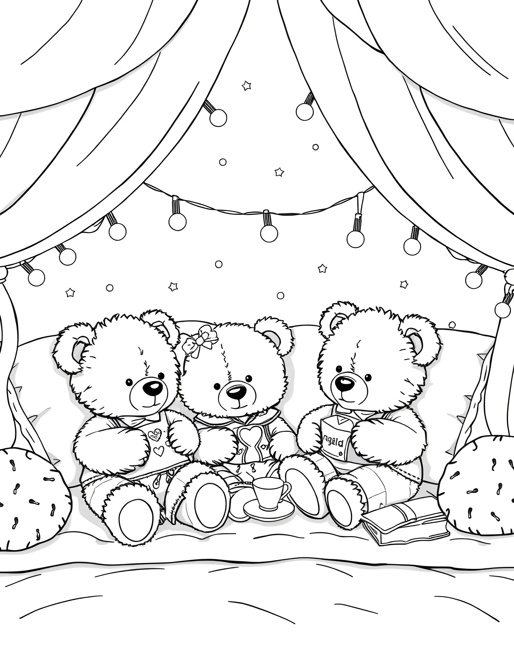 Sleepover Fun with Teddy Bears Coloring Page -- prompt: "Teddy bears having a sleepover party with pillows, blankets, and string lights in a cozy room." -- This cozy coloring page captures the joy of a teddy bear sleepover party. A group of adorable teddy bears in pajamas gather for a night of fun, complete with pillows, blankets, and stuffed animal friends. String lights and a starry night sky visible through the window add a touch of magic to this heartwarming scene that celebrates friendship and playtime.