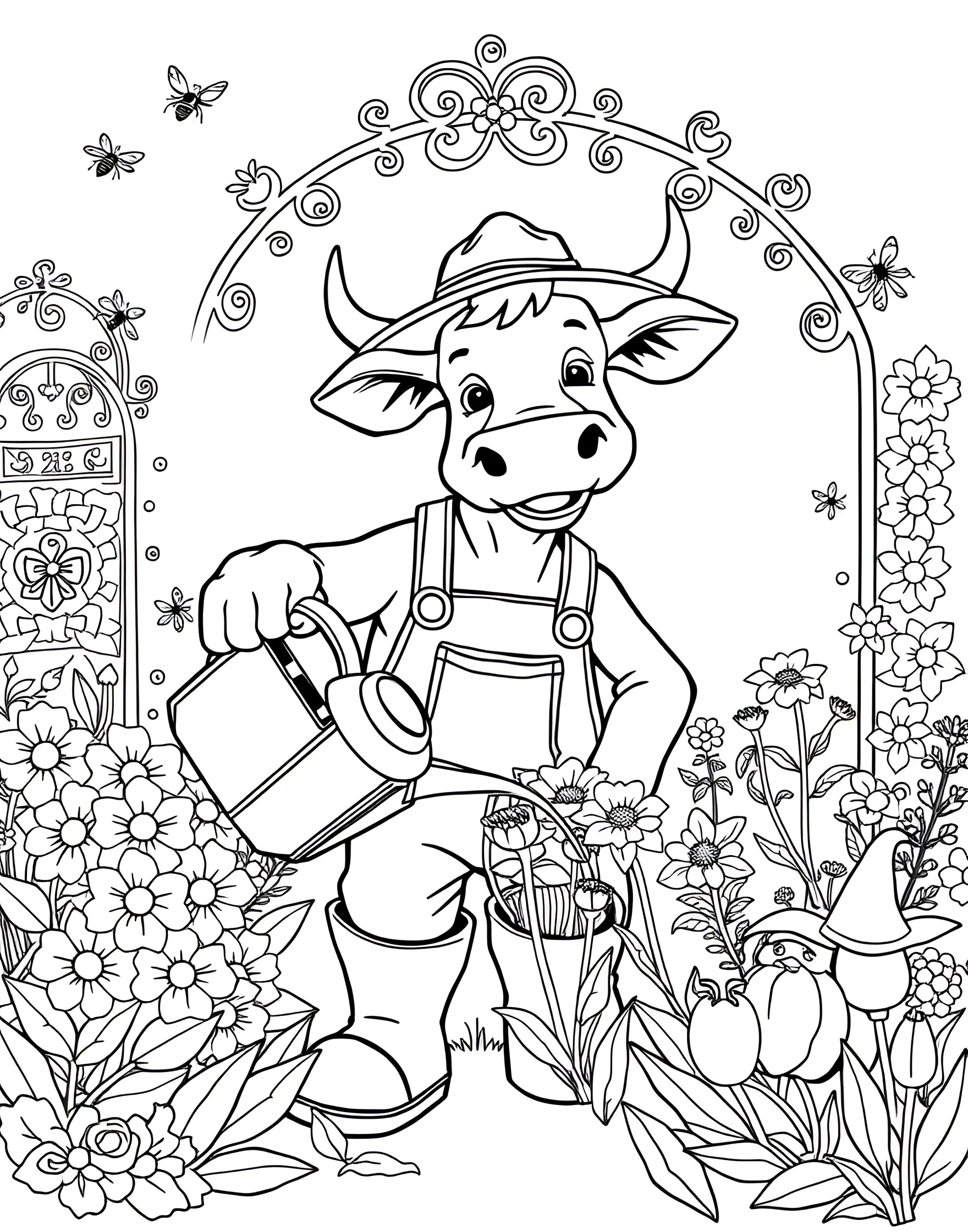 Cow Gardener Tending to Plants Coloring Page -- prompt: "A cow wearing gardening clothes and watering plants in a lush garden." -- Cultivate creativity with this charming cow gardener coloring page. The cow is shown wearing overalls and a sun hat, watering a variety of plants and flowers. This page celebrates nature and the joys of watching things grow.