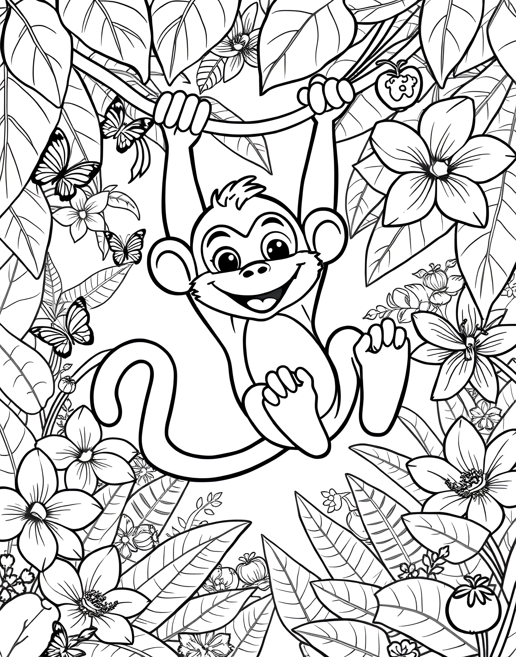 Mischievous Monkey Swinging on a Vine Coloring Page -- prompt: "A cartoon monkey with a big smile swinging on a vine in a lush jungle setting with exotic flowers." -- This lively coloring page depicts a cheeky monkey swinging gleefully on a jungle vine. The monkey's expressive face and curled tail showcase its playful nature. This page is perfect for those who love adding vibrant tropical colors to their artwork.