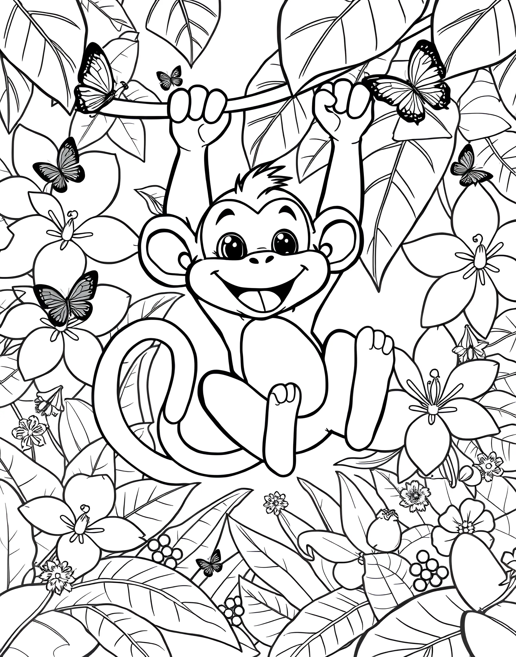 Mischievous Monkey Swinging on a Vine Coloring Page -- prompt: "A cartoon monkey with a big smile swinging on a vine in a lush jungle setting with exotic flowers." -- This lively coloring page depicts a cheeky monkey swinging gleefully on a jungle vine. The monkey's expressive face and curled tail showcase its playful nature. This page is perfect for those who love adding vibrant tropical colors to their artwork.