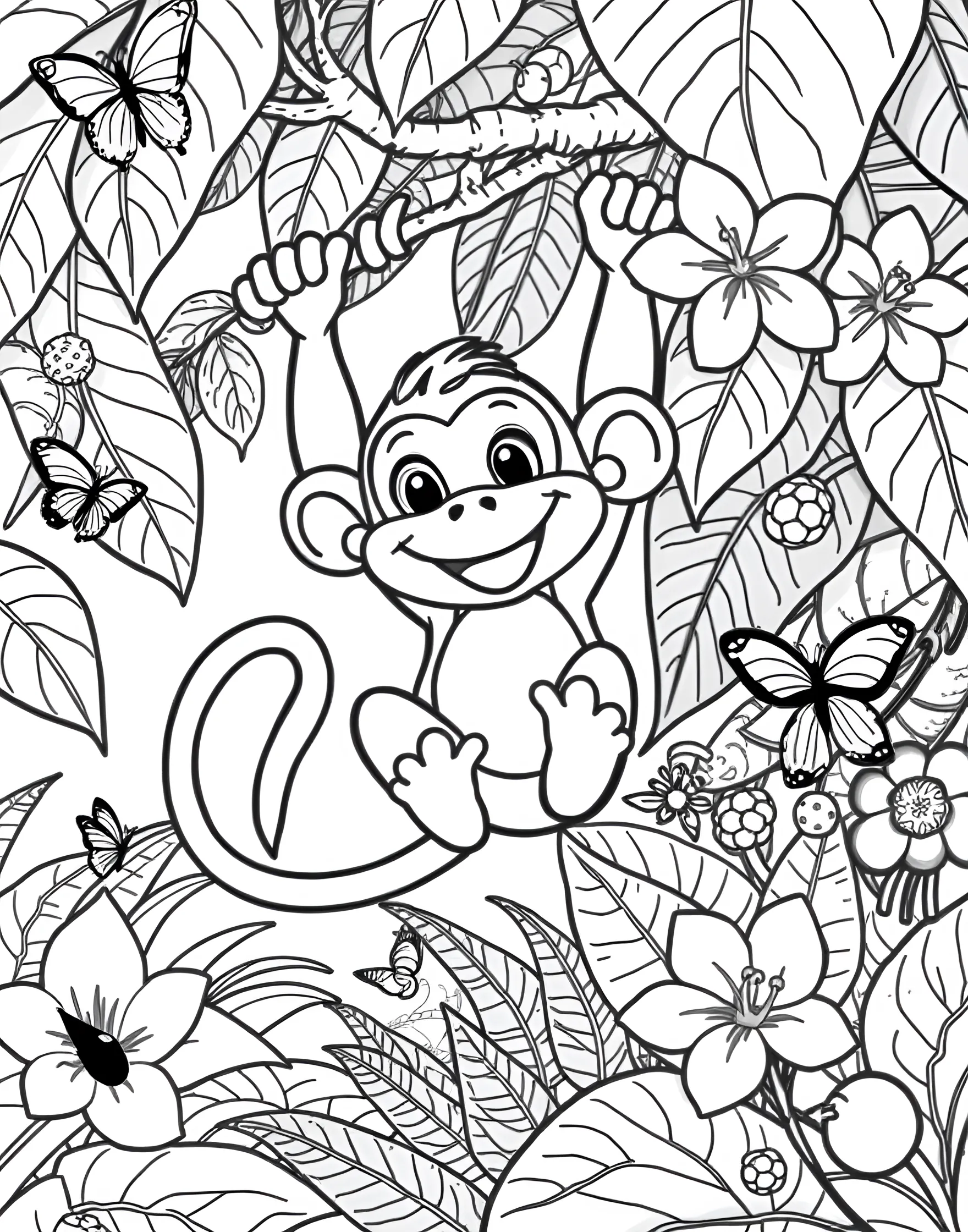 Mischievous Monkey Swinging on a Vine Coloring Page -- prompt: "A cartoon monkey with a big smile swinging on a vine in a lush jungle setting with exotic flowers." -- This lively coloring page depicts a cheeky monkey swinging gleefully on a jungle vine. The monkey's expressive face and curled tail showcase its playful nature. This page is perfect for those who love adding vibrant tropical colors to their artwork.