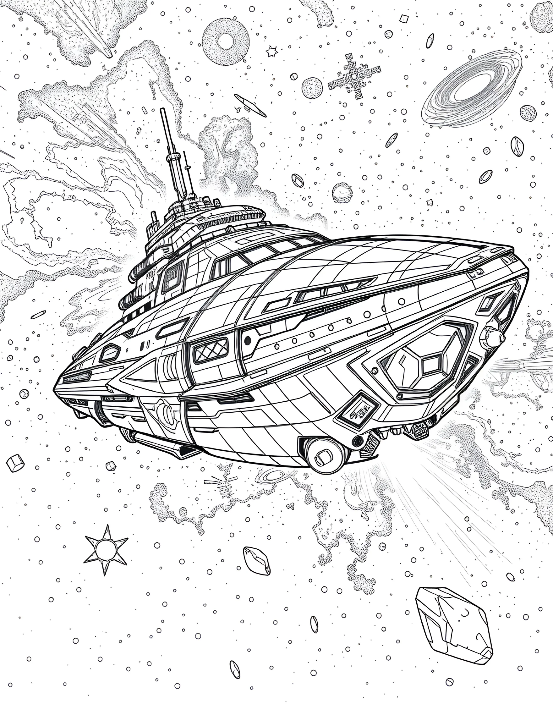 Interstellar Voyage Coloring Page -- prompt: "A large generation ship traveling through interstellar space, with distant stars and galaxies in the background." -- Embark on a journey to the stars with this interstellar voyage coloring page. The page features a massive generation ship designed for long-term space travel, complete with living quarters, farms, and propulsion systems. The vast expanse of interstellar space surrounds the ship, dotted with distant stars and galaxies.