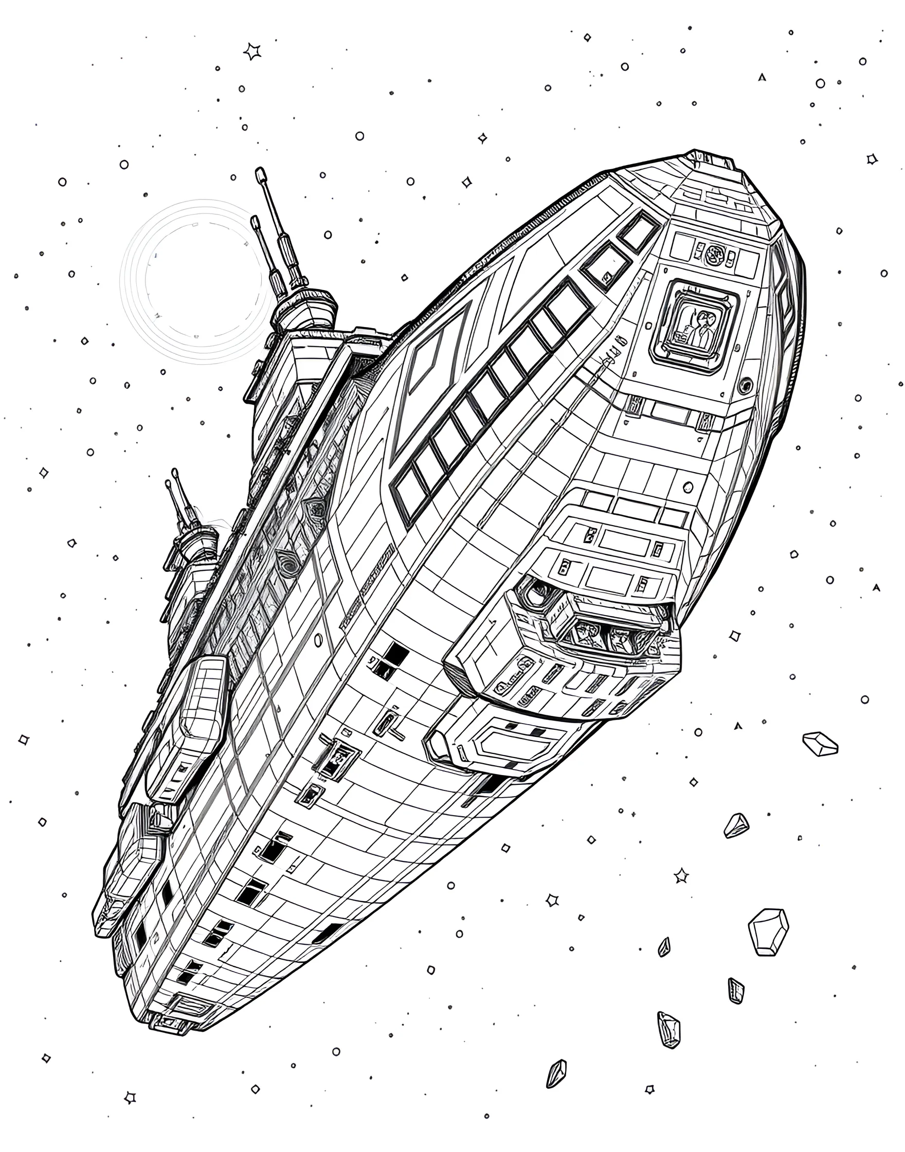 Interstellar Voyage Coloring Page -- prompt: "A large generation ship traveling through interstellar space, with distant stars and galaxies in the background." -- Embark on a journey to the stars with this interstellar voyage coloring page. The page features a massive generation ship designed for long-term space travel, complete with living quarters, farms, and propulsion systems. The vast expanse of interstellar space surrounds the ship, dotted with distant stars and galaxies.