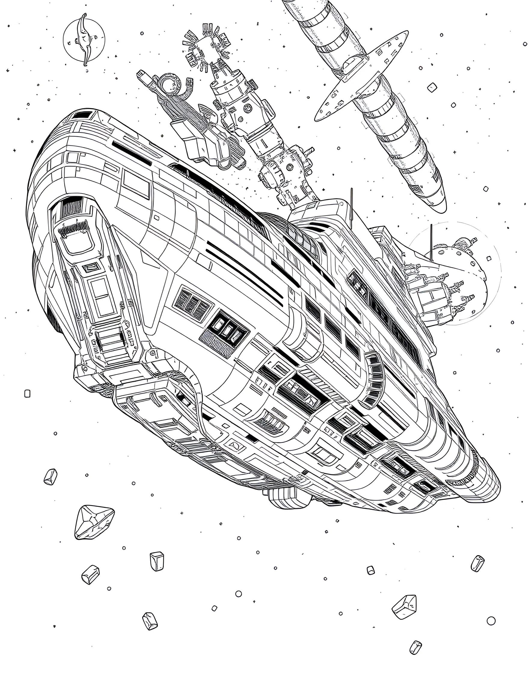 Interstellar Voyage Coloring Page -- prompt: "A large generation ship traveling through interstellar space, with distant stars and galaxies in the background." -- Embark on a journey to the stars with this interstellar voyage coloring page. The page features a massive generation ship designed for long-term space travel, complete with living quarters, farms, and propulsion systems. The vast expanse of interstellar space surrounds the ship, dotted with distant stars and galaxies.