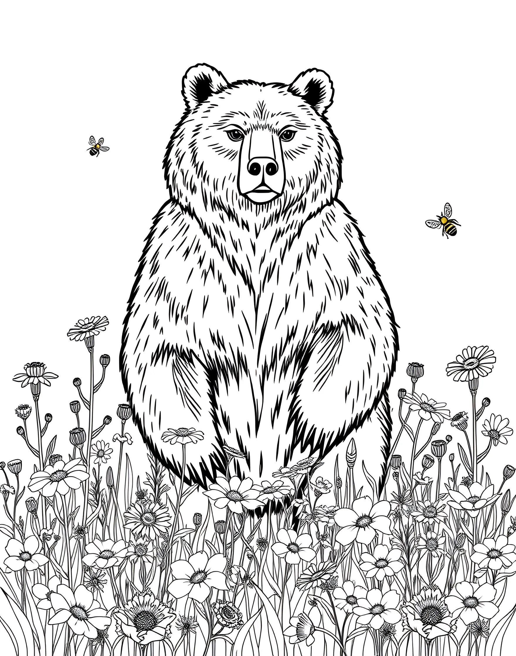 Brown Bear in Flower Field Coloring Page -- prompt: "A brown bear standing in a field of colorful wildflowers." -- Experience the gentle side of nature with this serene coloring page featuring a brown bear in a blooming flower field. The contrast between the large, powerful bear and the delicate wildflowers creates a captivating scene. It's a beautiful representation of the diverse habitats bears can be found in.