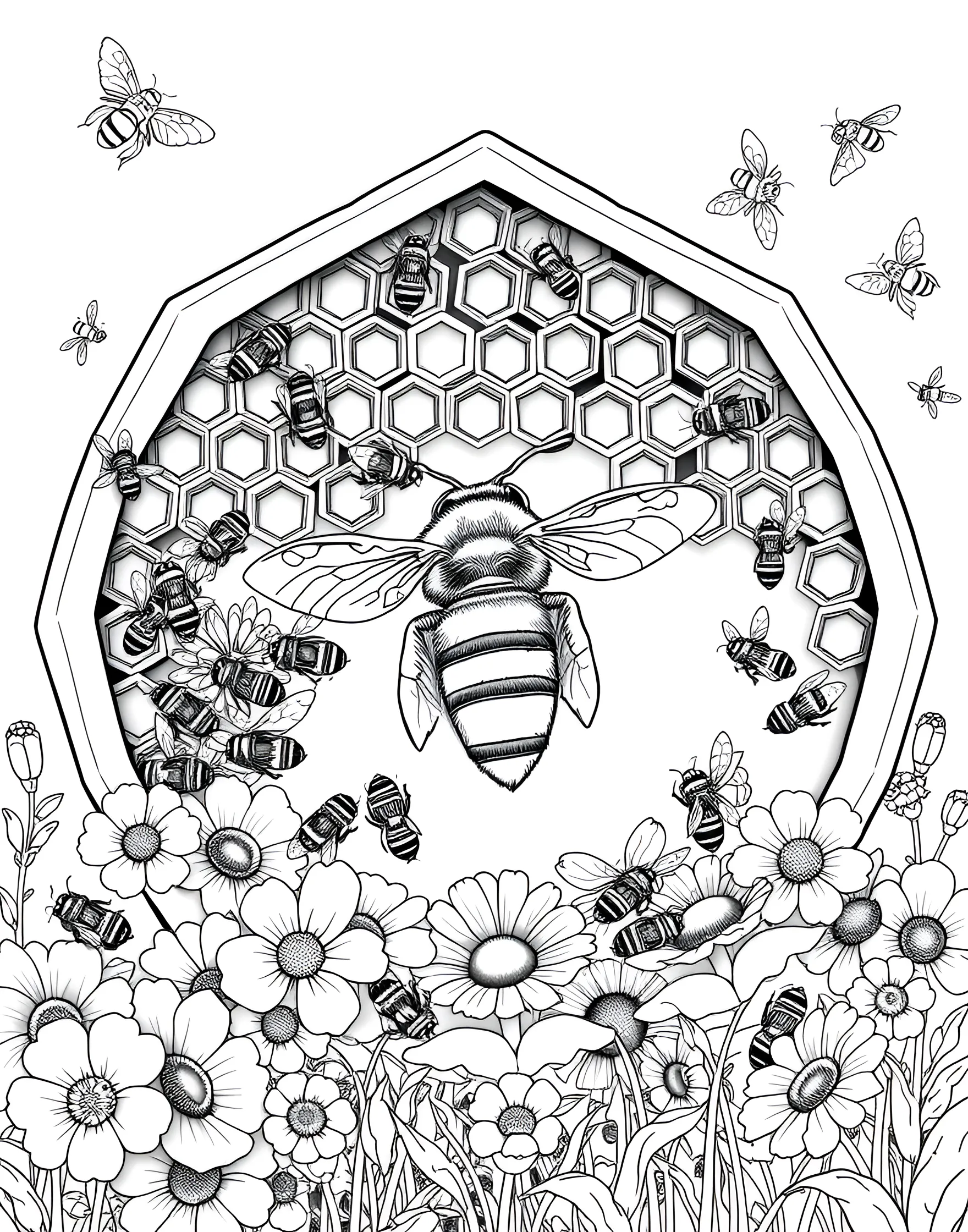 Busy Beehive Coloring Page -- prompt: "A cross-section of a beehive showing bees working on honeycombs, the queen bee, and bees flying around flowers." -- Buzz into the fascinating world of bees with this detailed coloring page of a bustling beehive. The scene depicts worker bees tending to honeycombs, the queen bee surrounded by her court, and busy bees flying in and out of the hive. This page is an excellent tool for discussing the importance of bees in our ecosystem.