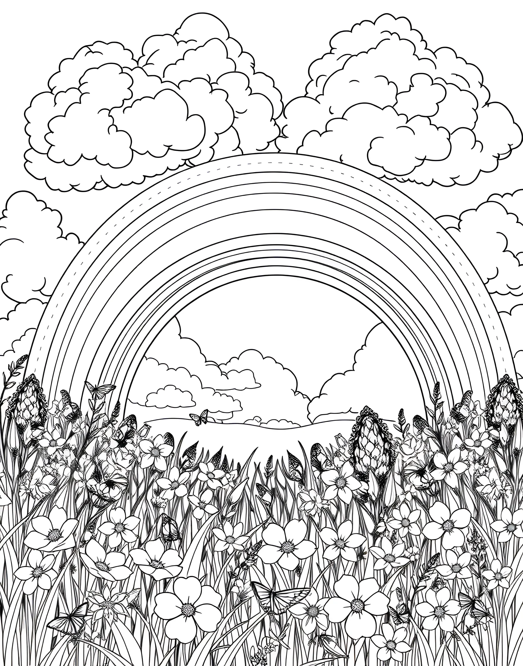 Double Rainbow over a Meadow Coloring Page -- prompt: "A double rainbow arching over a flower-filled meadow with fluffy clouds in the sky." -- This enchanting coloring page features a breathtaking double rainbow arching over a lush, flower-filled meadow. The scene is alive with detail, from the fluffy clouds in the sky to the varied wildflowers dotting the grass below. It's a perfect opportunity to experiment with a full spectrum of colors and create a truly vibrant masterpiece.