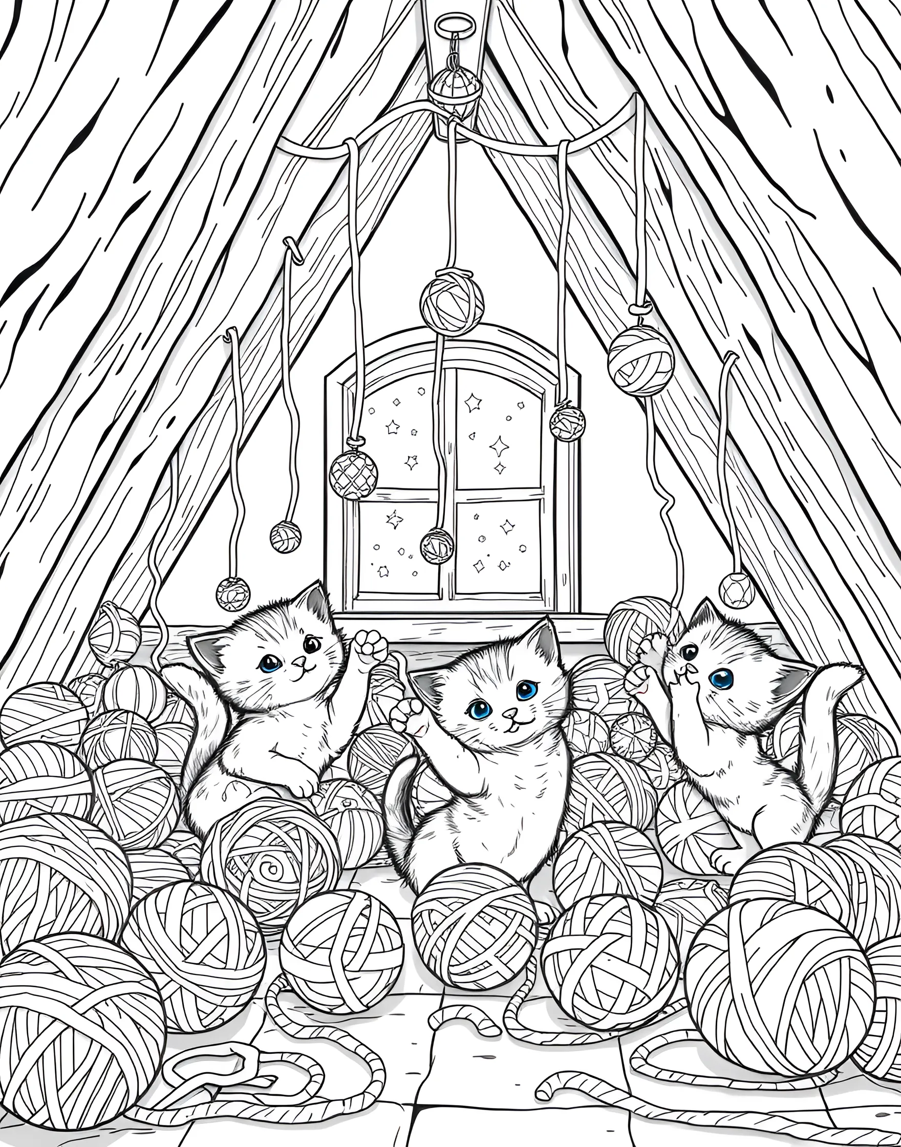 Playful Kittens in a Yarn Ball Paradise Coloring Page -- prompt: "Cute kittens playing with various yarn balls in a room filled with yarn." -- Dive into a world of feline fun with this adorable coloring page featuring playful kittens frolicking in a sea of yarn balls. The kittens are shown in various cute poses - pouncing, batting, and cuddling with the colorful yarn. This page is perfect for cat lovers and those who appreciate whimsical, cute scenes.