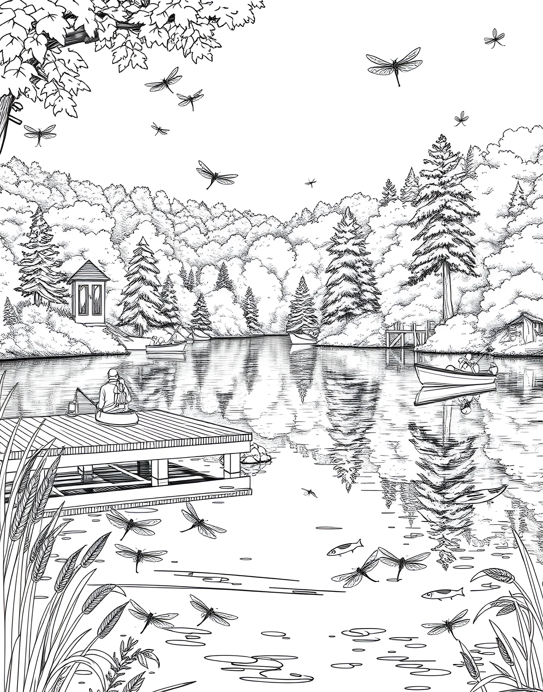 Summertime Fishing Trip Coloring Page -- prompt: "People fishing from a dock and boats on a calm lake surrounded by nature." -- Cast a line into relaxation with this peaceful fishing scene. People fish from a dock and boats on a serene lake, surrounded by trees and wildlife. This page celebrates the quiet joys of summer outdoor activities.