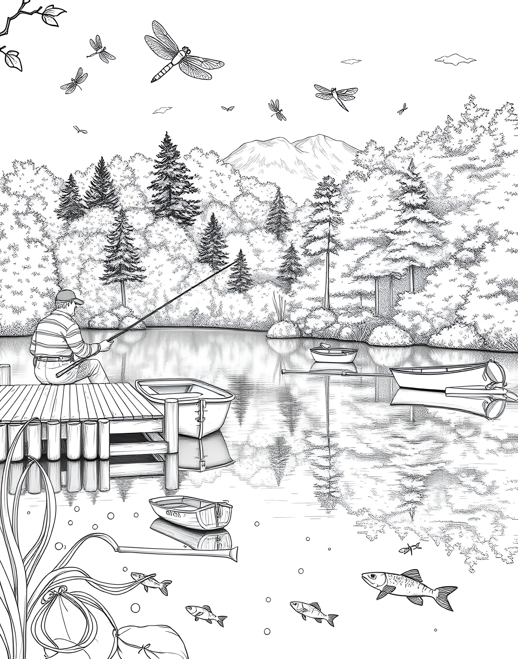 Summertime Fishing Trip Coloring Page -- prompt: "People fishing from a dock and boats on a calm lake surrounded by nature." -- Cast a line into relaxation with this peaceful fishing scene. People fish from a dock and boats on a serene lake, surrounded by trees and wildlife. This page celebrates the quiet joys of summer outdoor activities.