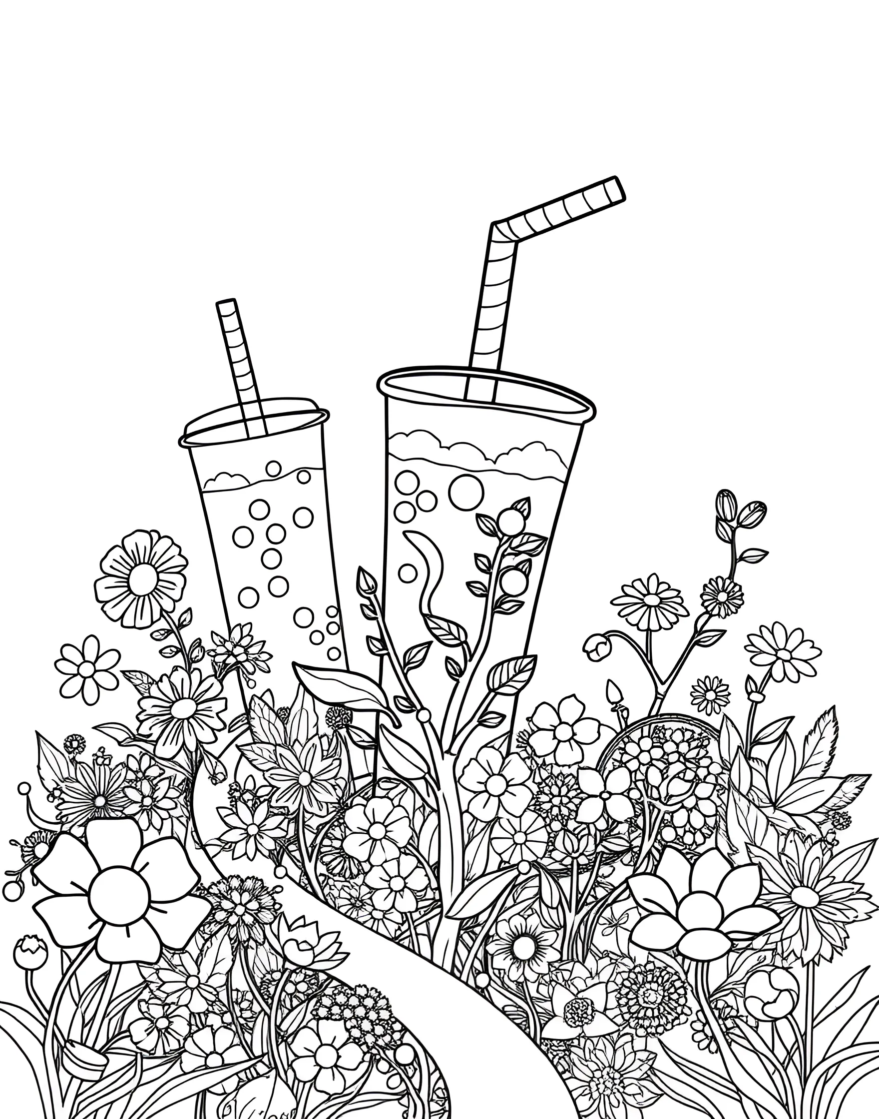 Boba Tea Garden Coloring Page -- prompt: "A garden scene with oversized boba cups and straws growing like plants among regular flowers." -- Relax in a whimsical boba tea garden with this enchanting coloring page. The scene features oversized boba cups and straws growing like plants in a garden, surrounded by regular flowers and plants. It's a delightful blend of nature and boba-inspired fantasy.