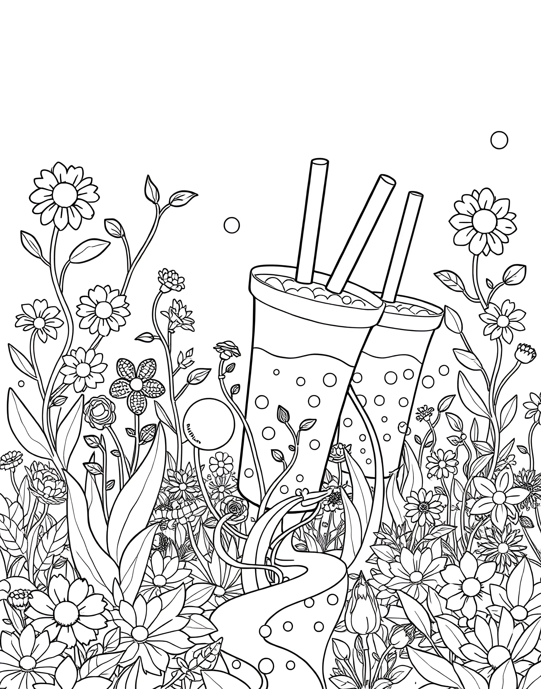 Boba Tea Garden Coloring Page -- prompt: "A garden scene with oversized boba cups and straws growing like plants among regular flowers." -- Relax in a whimsical boba tea garden with this enchanting coloring page. The scene features oversized boba cups and straws growing like plants in a garden, surrounded by regular flowers and plants. It's a delightful blend of nature and boba-inspired fantasy.