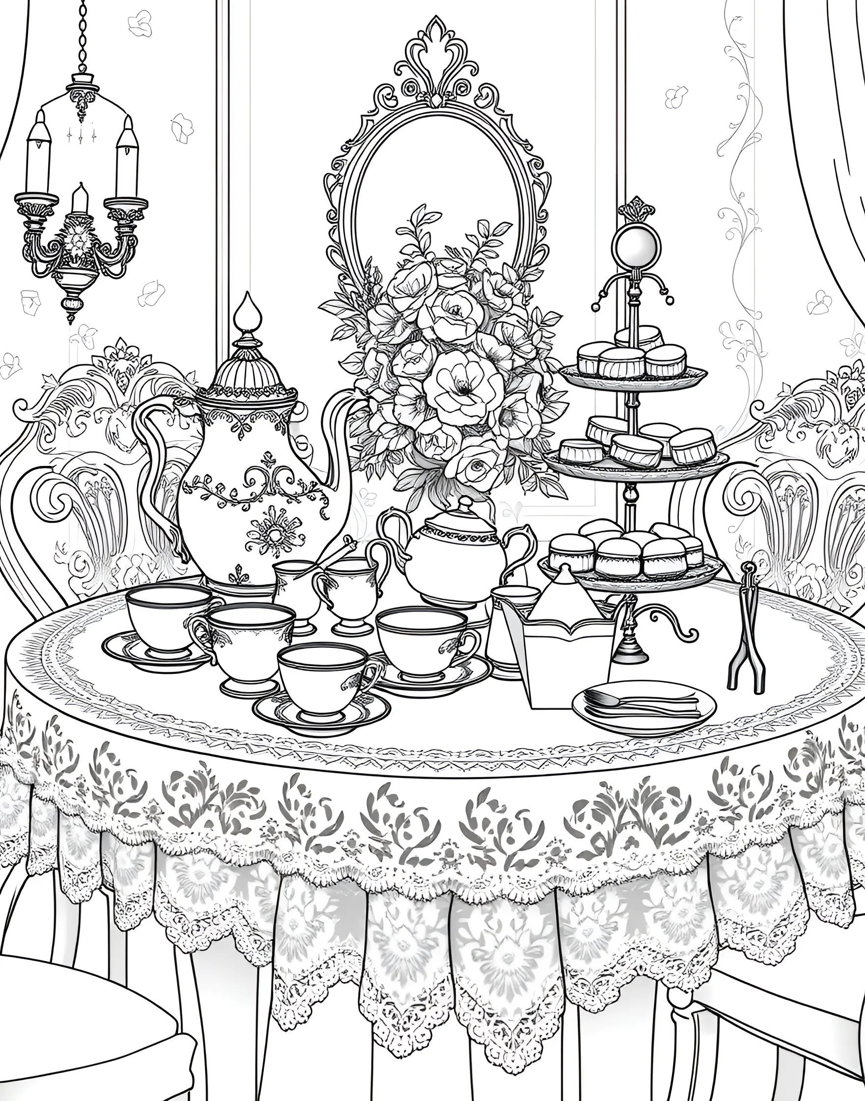 Afternoon Tea Party Coloring Page -- prompt: "An elegant table set for afternoon tea with teacups, a teapot, scones, and small sandwiches." -- Indulge in elegance with this afternoon tea party coloring page. A beautifully set table with teacups, scones, and finger sandwiches creates a sophisticated scene. It's an excellent opportunity to practice coloring delicate patterns and textures.