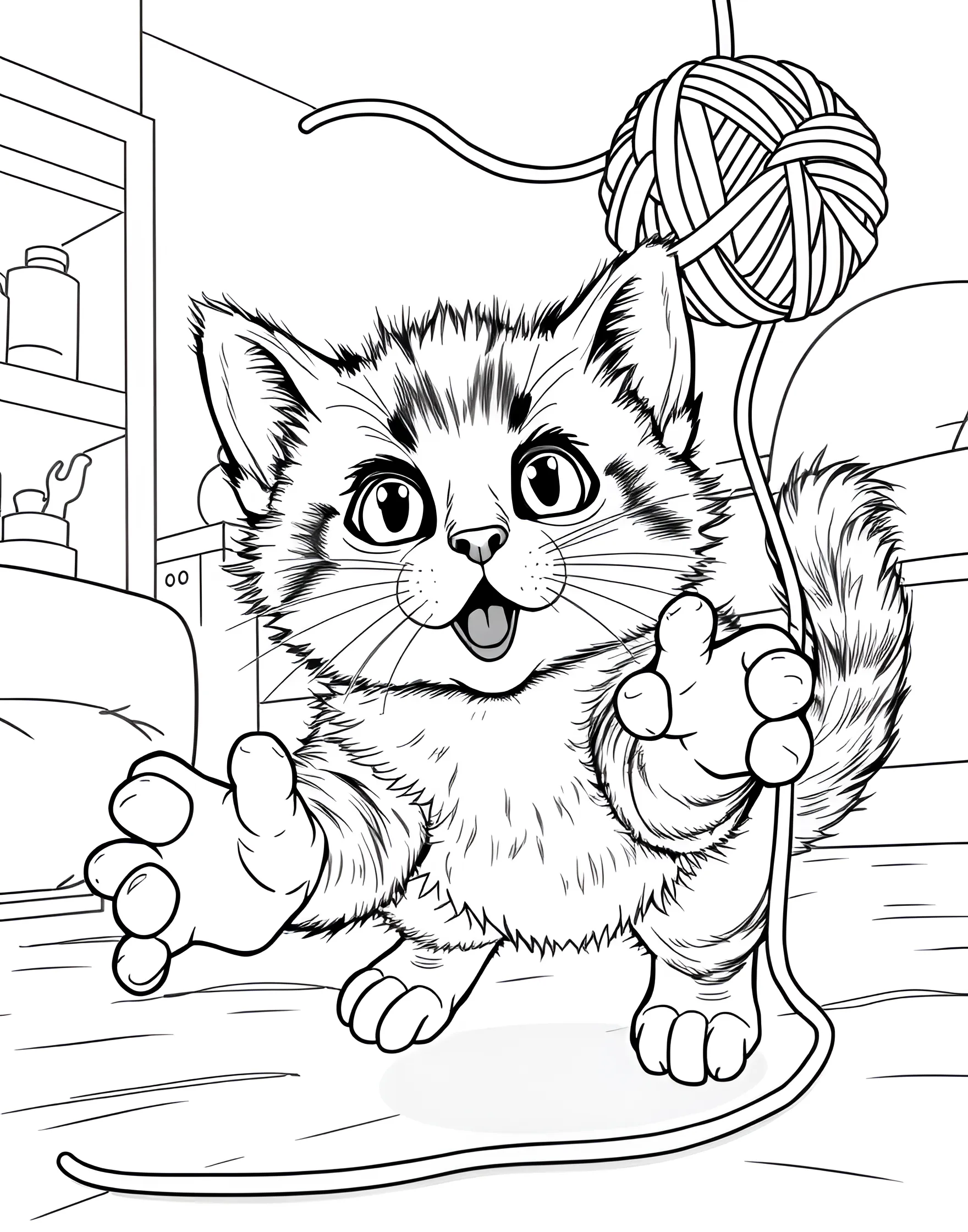 Playful Kitten with Ball of Yarn Coloring Page -- prompt: "A kitten playing with a ball of yarn, mid-pounce with paws outstretched." -- Capture the essence of kitten mischief with this endearing coloring page. A lively kitten is shown mid-pounce, batting at a large ball of yarn. The kitten's expression of pure joy and concentration is sure to bring a smile to anyone's face as they color.