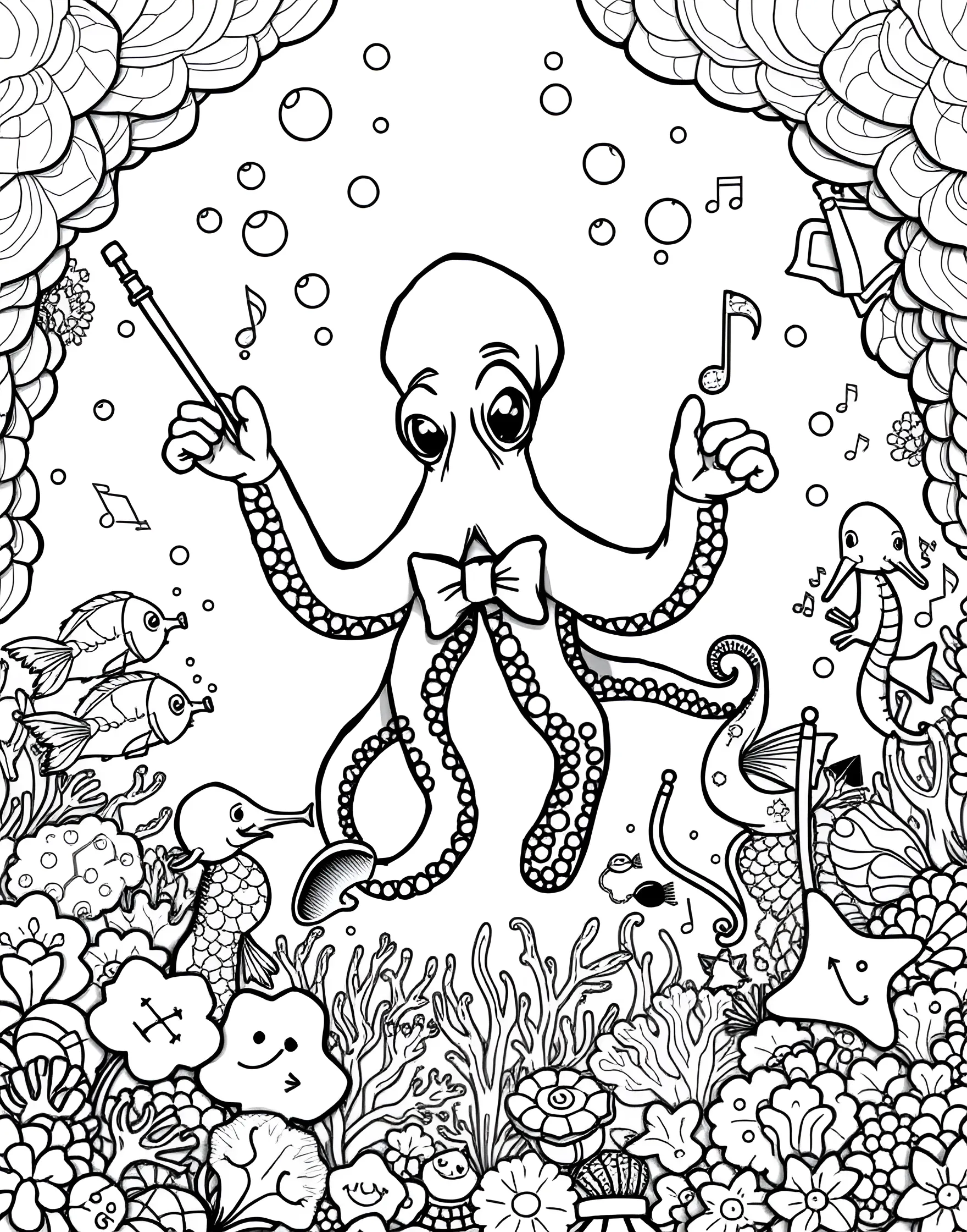 Octopus's Underwater Orchestra Coloring Page -- prompt: "A cute octopus conducting an underwater orchestra of fish with sea-themed instruments." -- Dive into a world of musical marine life with this charming coloring page showcasing an octopus conducting an underwater orchestra. The scene depicts an octopus using its tentacles to conduct fish playing various instruments made from shells and coral. It's a whimsical and cute celebration of sea life harmony.