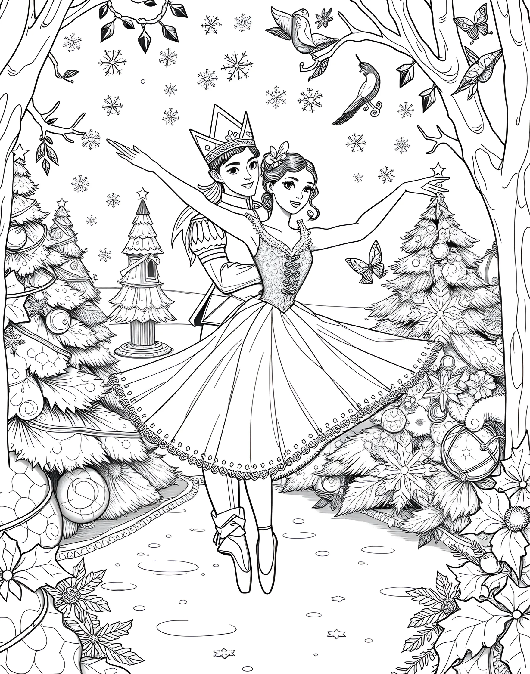 Nutcracker Ballet Scene Coloring Page -- prompt: "A ballerina as Clara dancing with the Nutcracker Prince in a snowy forest scene with decorated Christmas trees." -- Bring the magic of The Nutcracker to life with this enchanting coloring page. It features a ballerina as Clara, dancing with the Nutcracker Prince amidst a winter wonderland. The detailed costumes and festive background elements provide plenty of areas to color and explore.